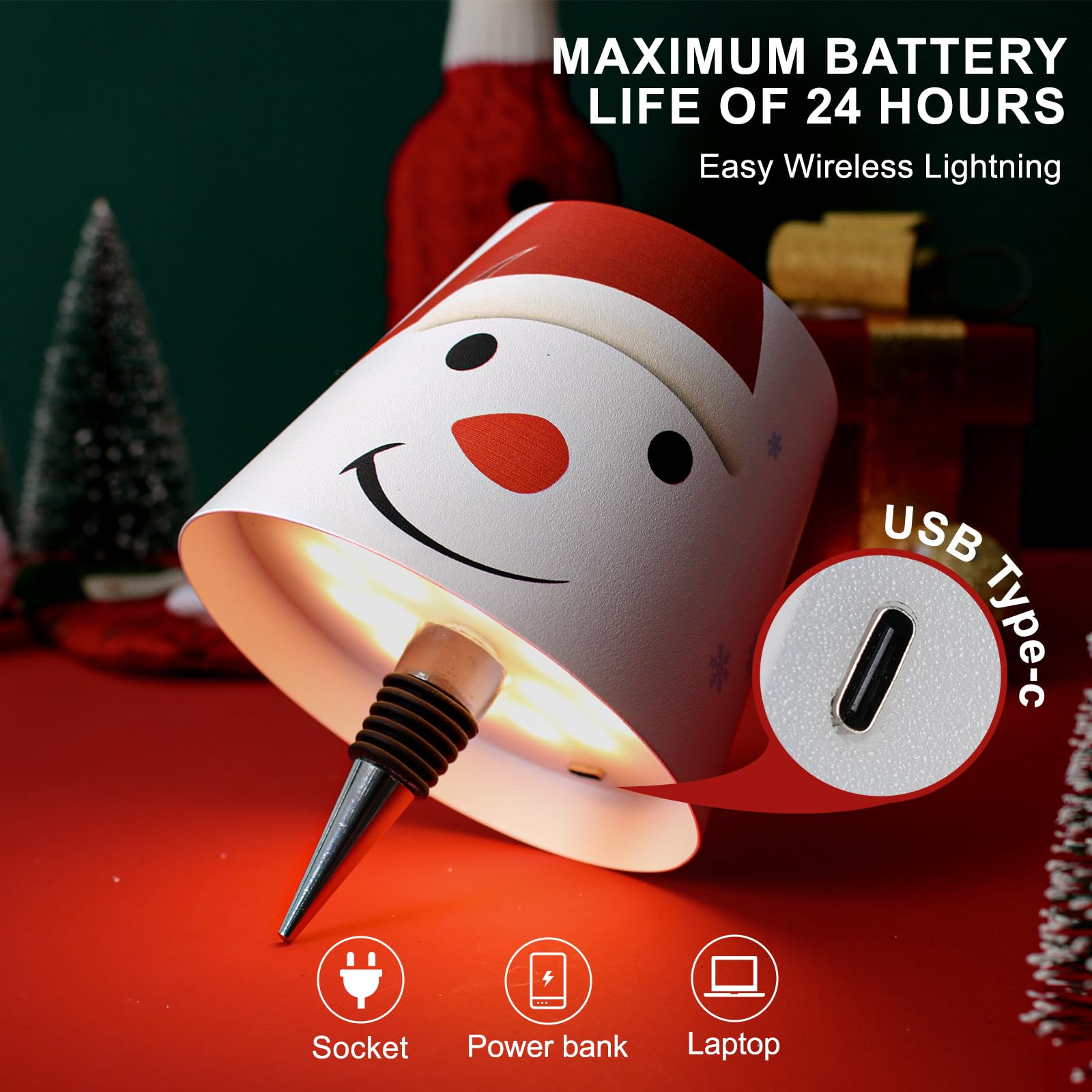 Mebaraul Wireless Bottle Lamp Shade, Rechargeable LED Table Lamp, Touch Control, Snowman Design, Model FT1