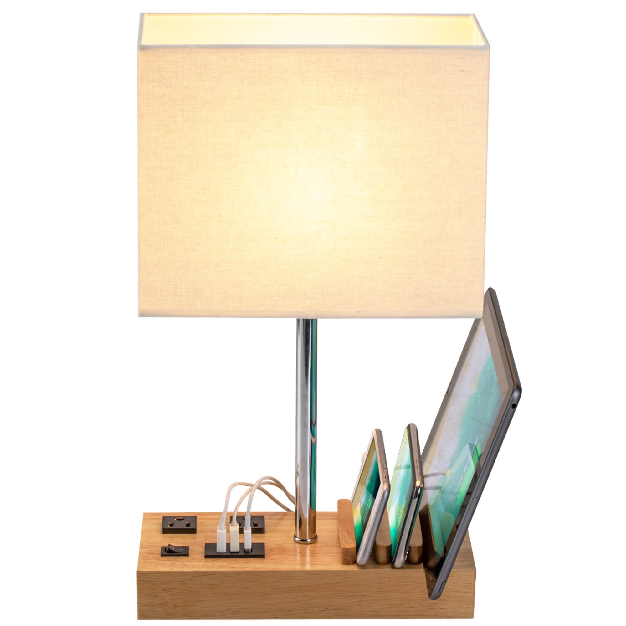 Dreamholder Desk Lamp - 3 USB Charging Ports, 2 AC Outlets, Natural Wood Base, Model DH9019W, Cream Linen Shade