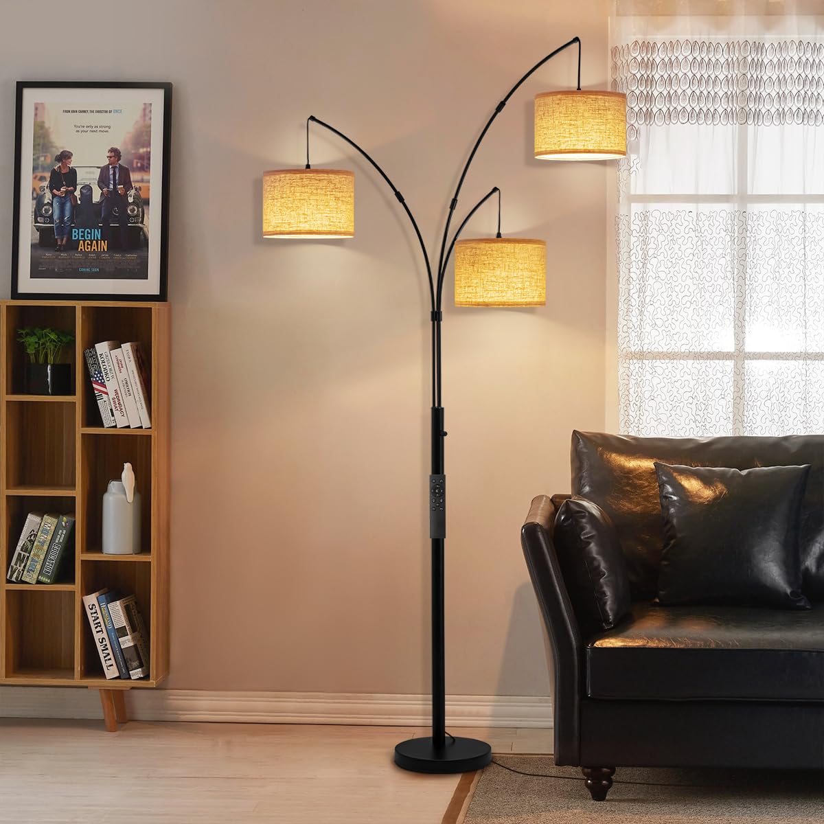 Fansdrick Arc Floor Lamp - 2400LM Super Bright, Remote Control, 80" Tall, Black-Linen Shade, Metal, Model NTL-02B