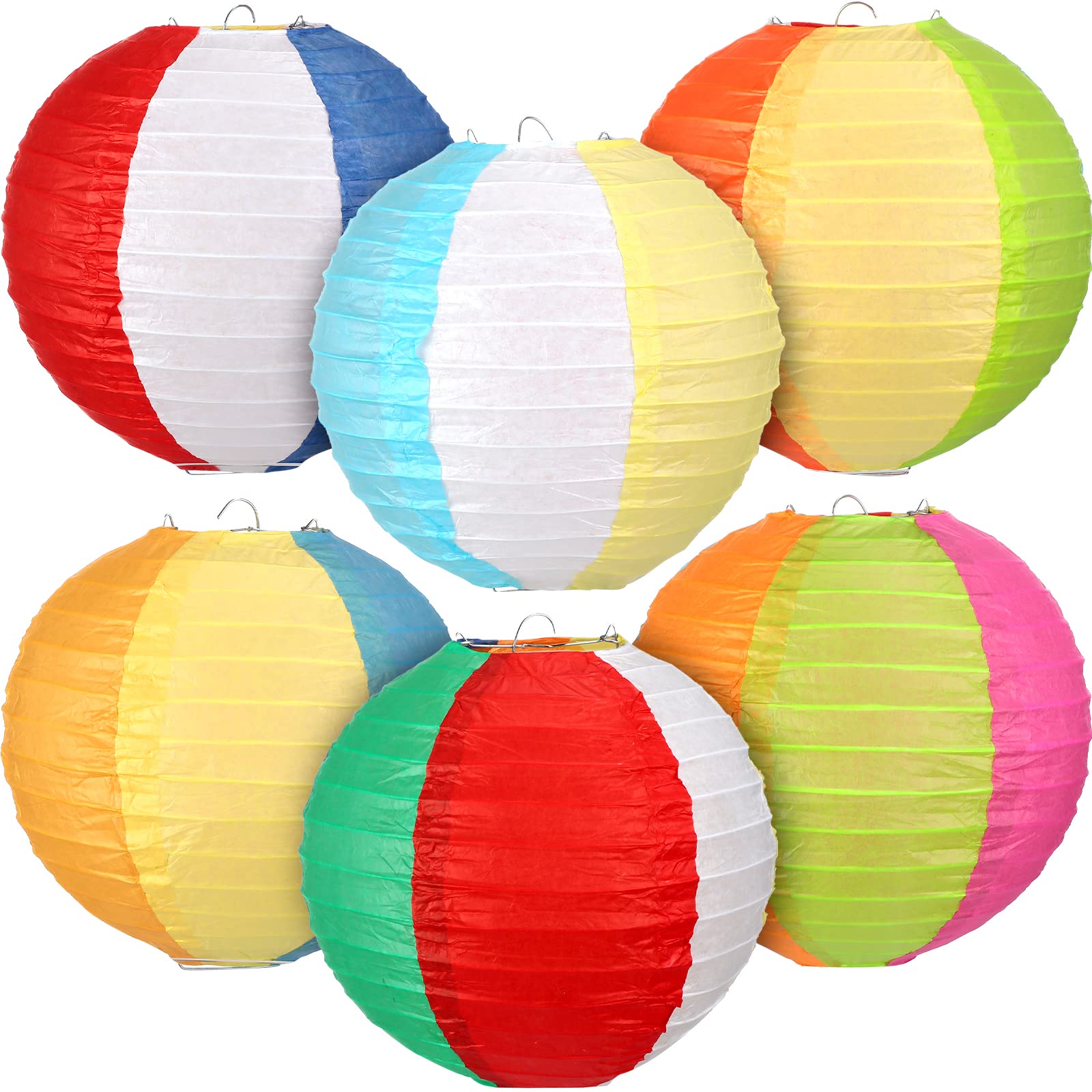 Frienda Beach Ball Paper Lanterns - 6 Pcs Colorful Summer Pool Party Decorations, Metal, Beach Ball Style