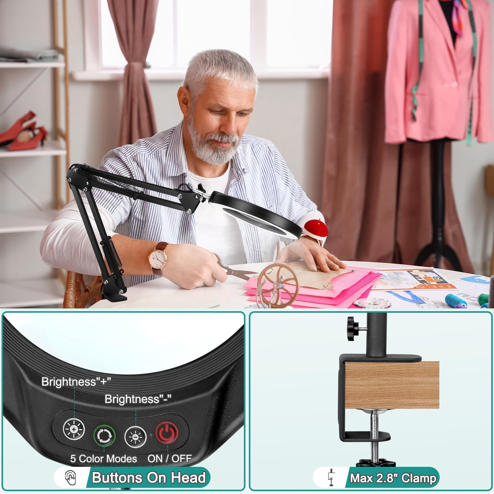 5 Inch Real Glass Magnifying Glass With Light And Clamp, 10X Led Adjustable Swivel Arm Desk Lamp, 5 Color Modes Brightness Steep