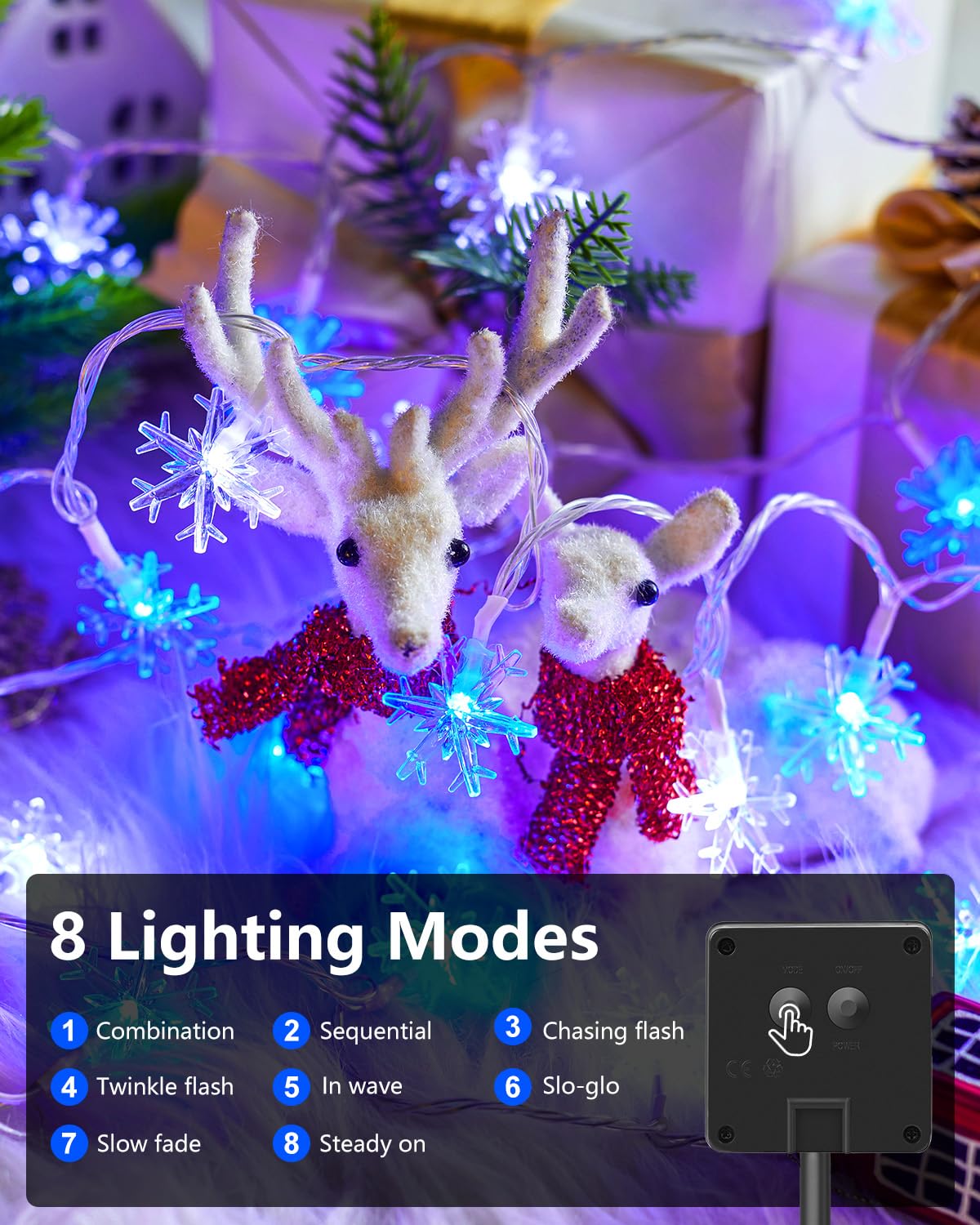 Brightown Solar Christmas Snowflake String Lights, 200 LED, 72FT, Waterproof, 8 Lighting Modes, Blue & Pure White, Model SOLAR-SNOWFLAKE-200LED-BPW