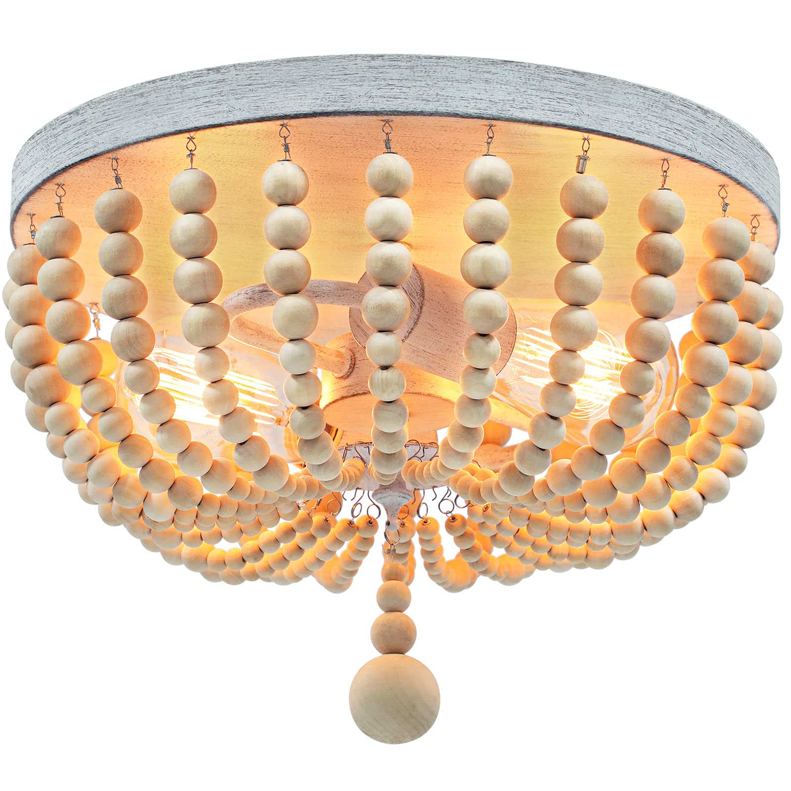 Verron Boho Wood Bead Chandelier, Retro 2-Light Pendant Light, Oak & White, Semi Flush Mount For Living Room, Kitchen, Nursery, Model C3357-02-Sl