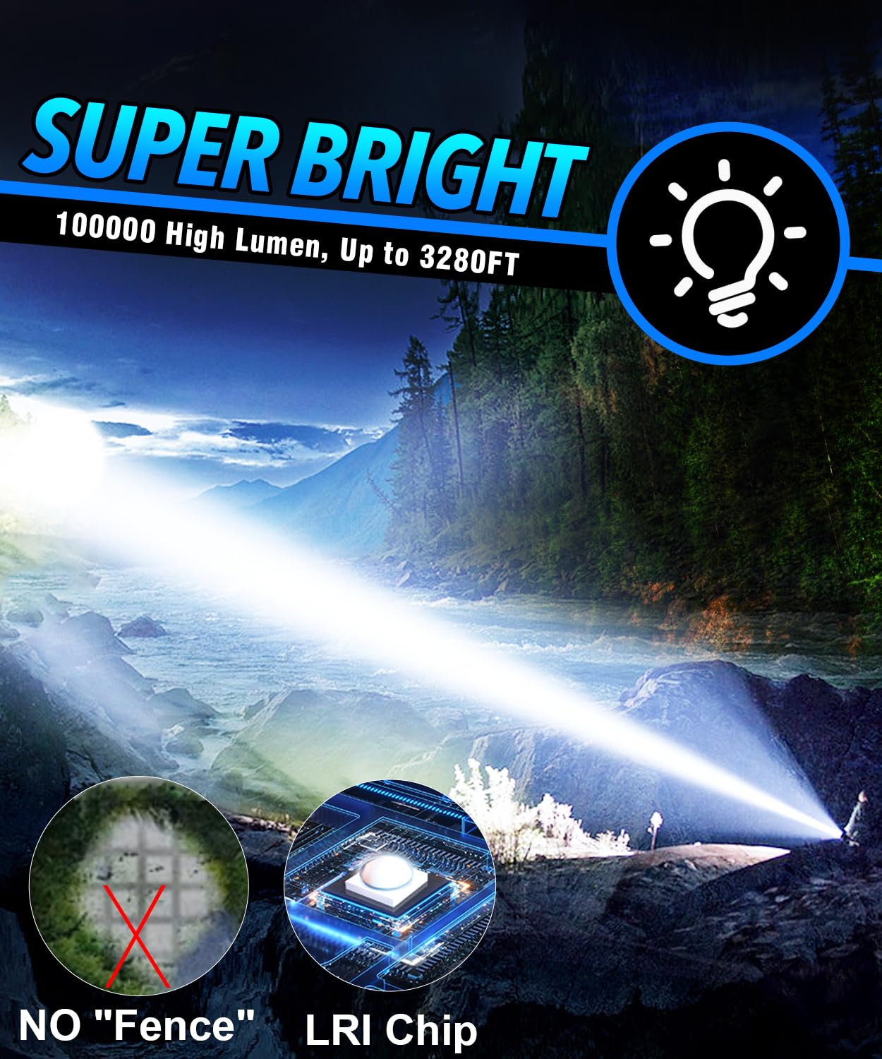 Vnina 100,000 Lumens Rechargeable Flashlight, 3280Ft Beam, Ipx5 Waterproof, Led Tactical Light