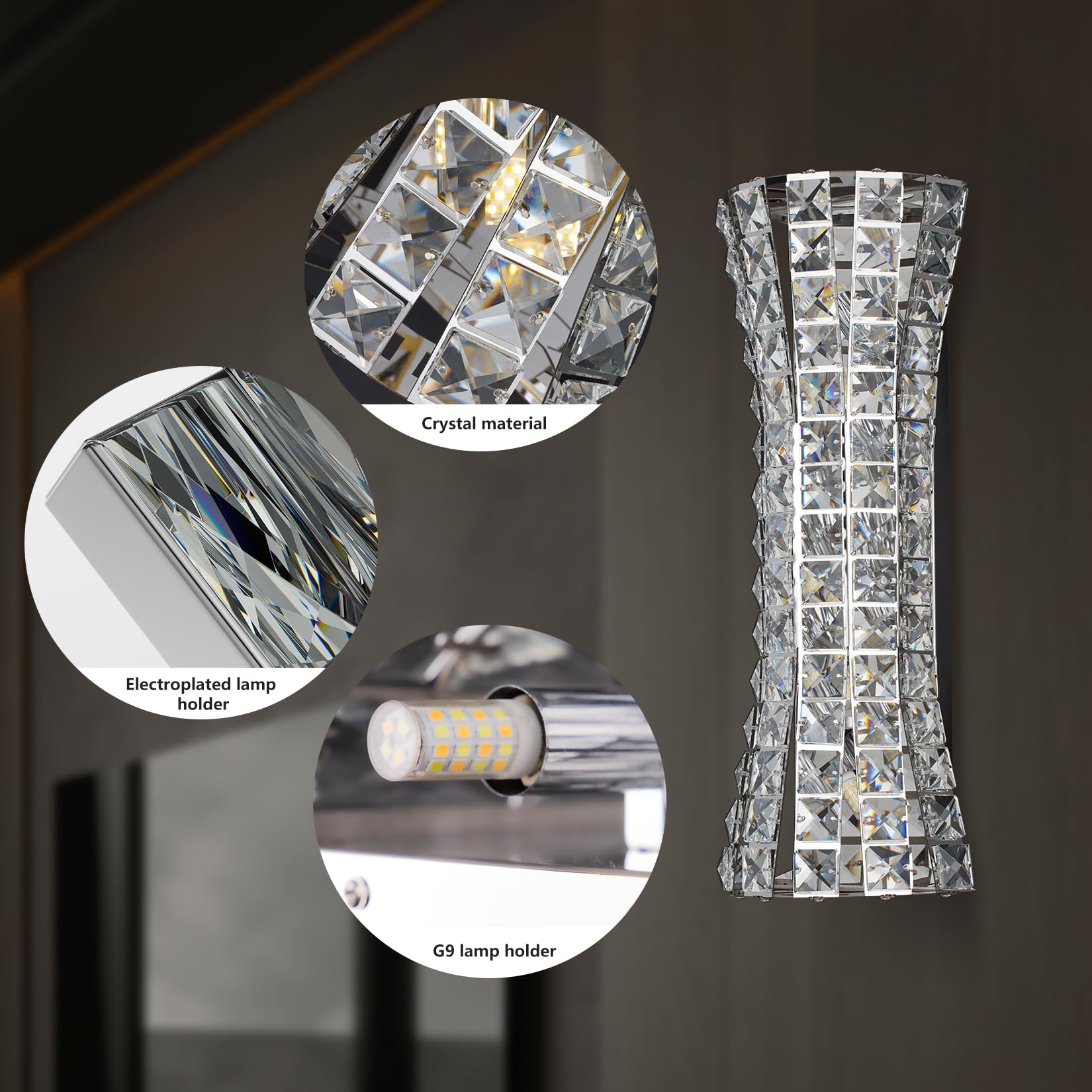 Kaiyuan Crystal Wall Sconces - Modern Chrome Lighting Fixture for Living Room, Bedroom, Bathroom, Hallway, and Stairway