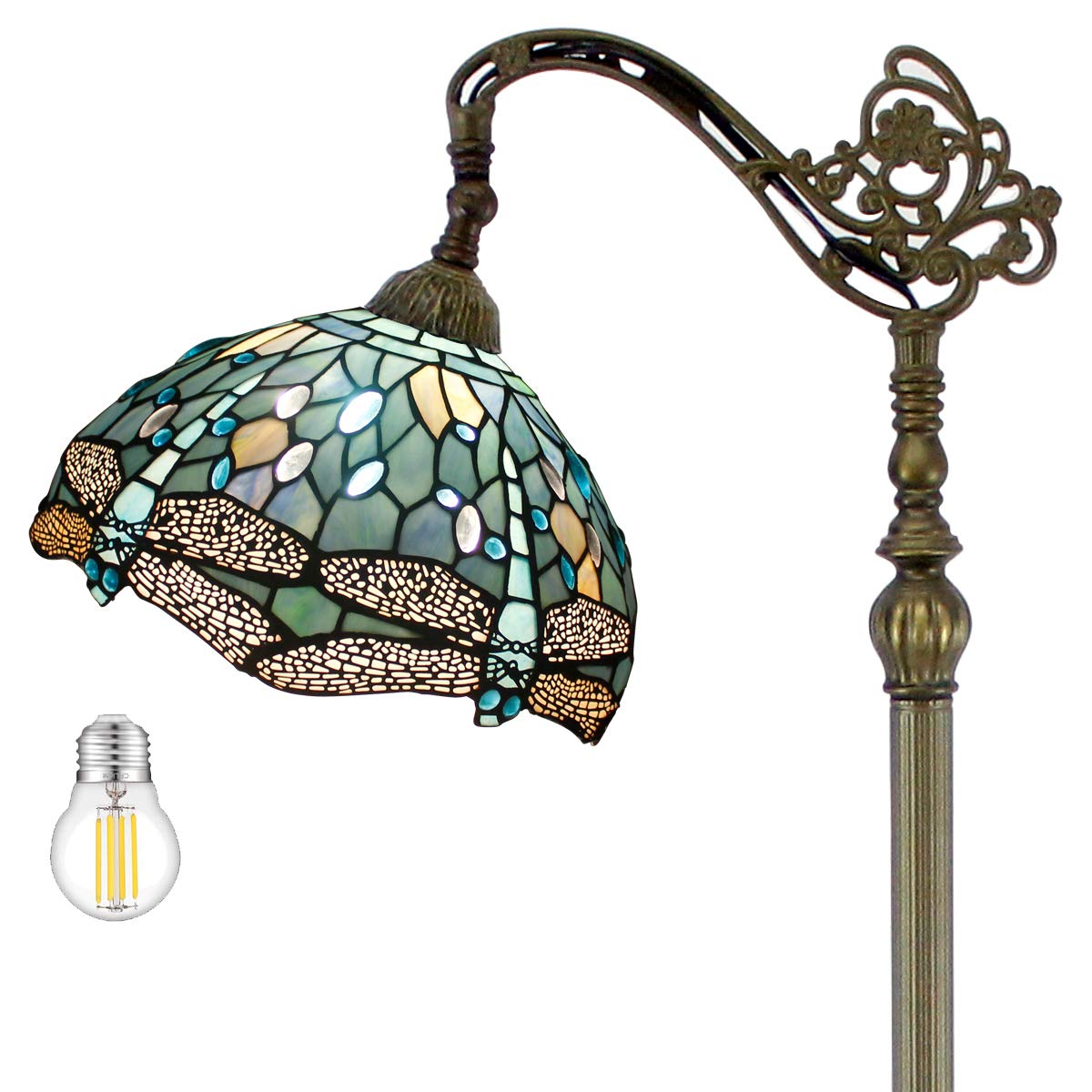 WERFACTORY Tiffany Style Reading Floor Lamp Sea Blue Stained Glass with Crystal Bead Dragonfly Lampshade 64 Inch Tall Antique Ar