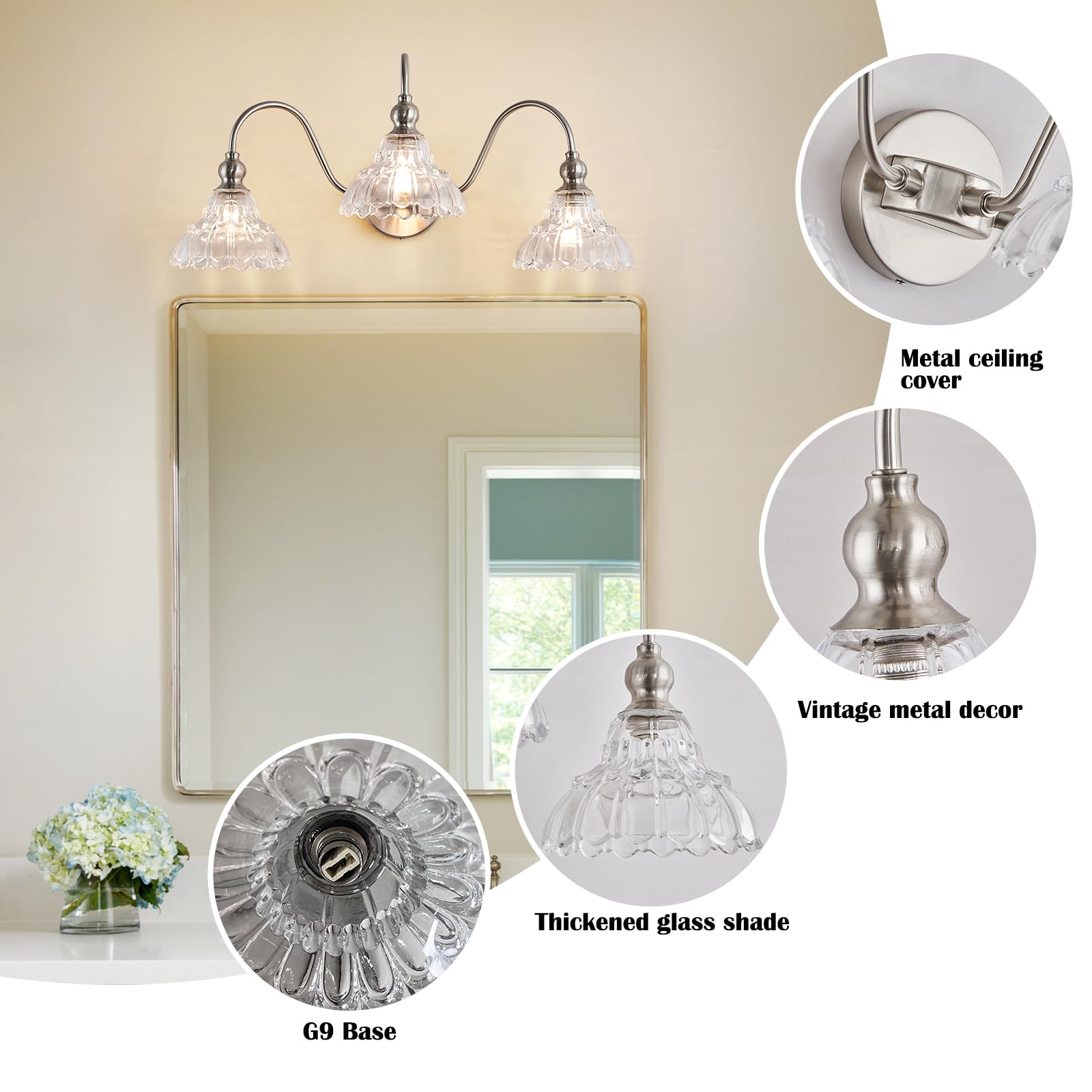 Tlolgt 3-Light Brushed Nickel Bathroom Vanity Light Fixtures Vintage Bathroom Light Vanity Lighting Fixtures For Living Room Over Mirror