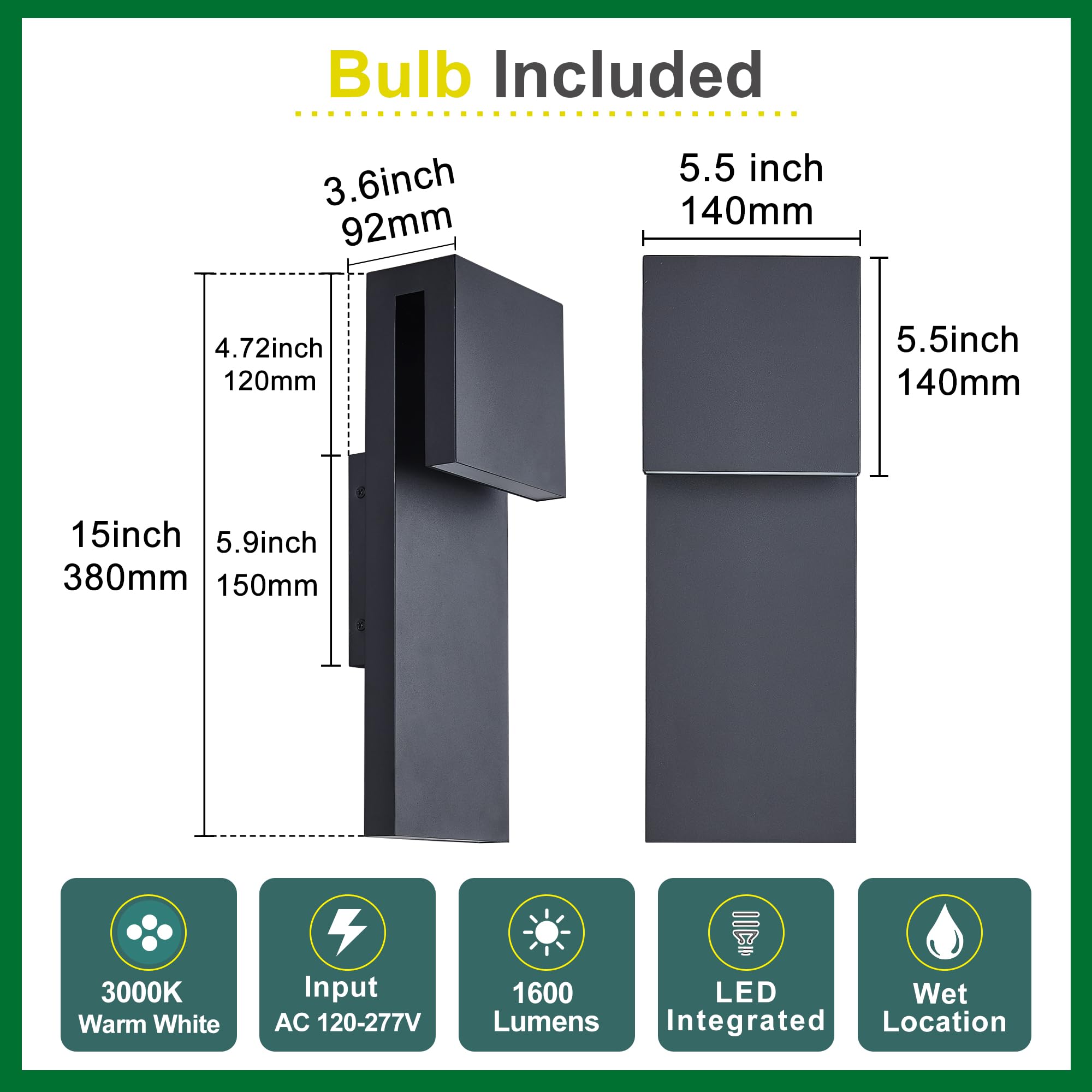 Tarentlight Modern LED Outdoor Wall Sconce 3000K 17W Black Iron, Anti-Rust, Wet Location, Easy Install, Model W2304LED-BK