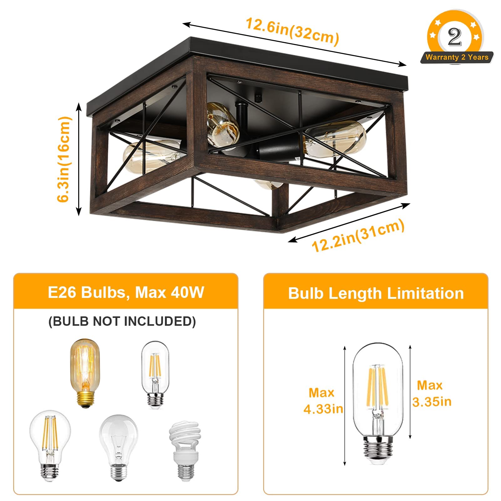 Eyassi Wooden Flush Mount Ceiling Light, 4-Light Rustic Farmhouse Light Fixtures, Industrial Square Ceiling Light Fixture With E26 Socket For Kitchen Entryway Living Room Dining Room Bedroom