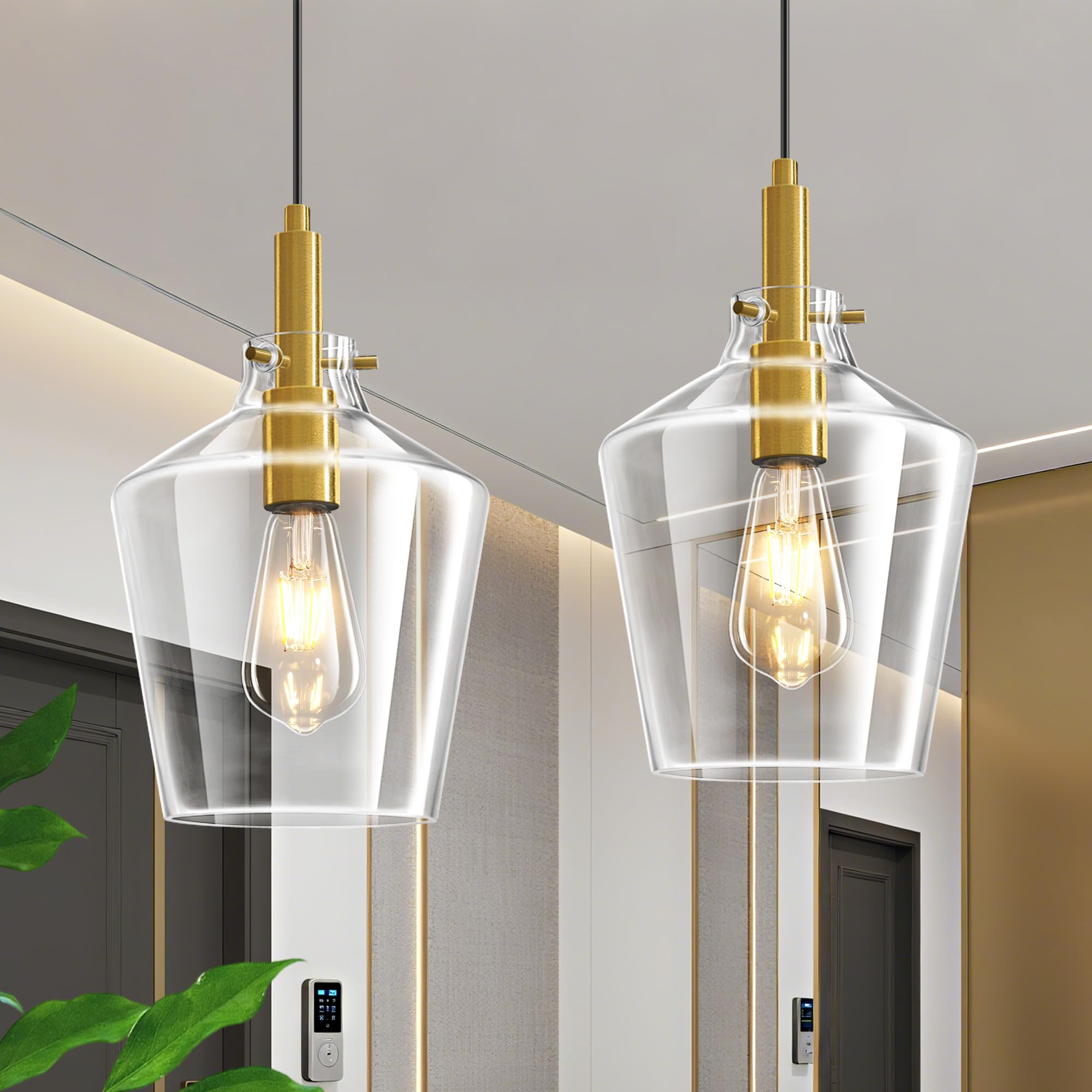 Vaziden Modern Glass Pendant Lighting For Kitchen Island 2 Pack  Farmhouse Gold Pendant Light Fixtures  Adjustable Hanging Ceiling Light  Angled Clear Glass Shades 8 Inch