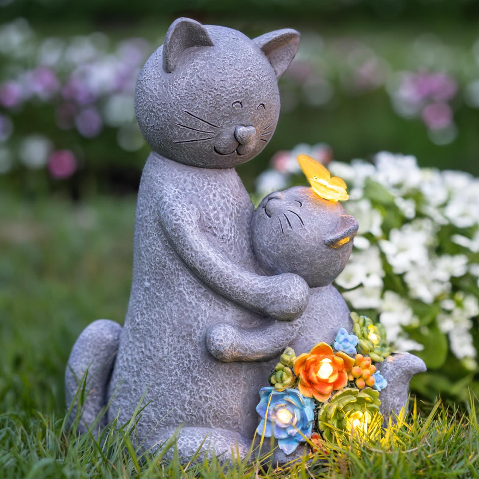 Solar Garden Statues Loving Cat Figurine Lights For Outside, Yard Decorations Outdoor, Garden Christmas Decor Unique Birthday Ho
