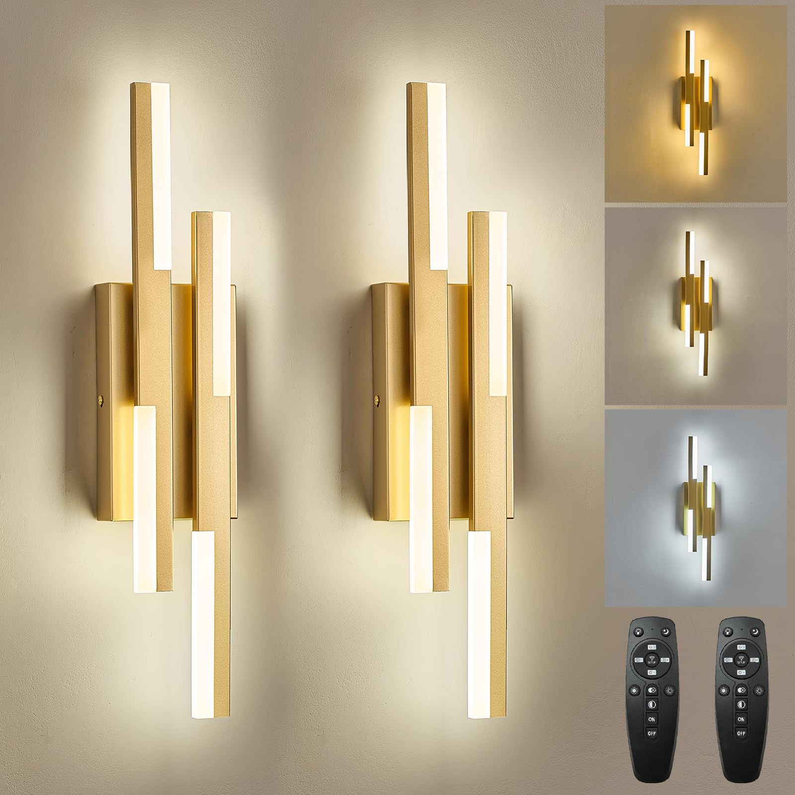 Benkut Modern LED Vanity Lights Set of 2  Gold Wall Sconce with Remote Control Dimmable Indoor Wall Light Bedside Remote Sconce for Bedroom Bathroom Living Dining Room (2 Pack H19.7)