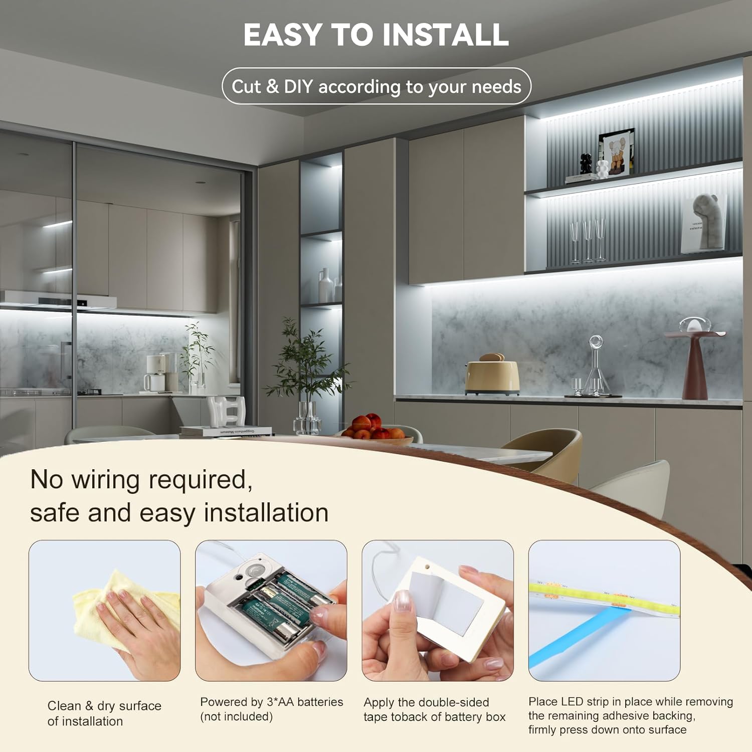 Battery Powered Led Strip Lights  Cob Motion Sensor Led Strip Lights 20 Inch X 3 Pack For Kitchen Under Cabinet Lighting  Shelves  Under Counter  Closet  Cordless Click Light  Cool White 6000K