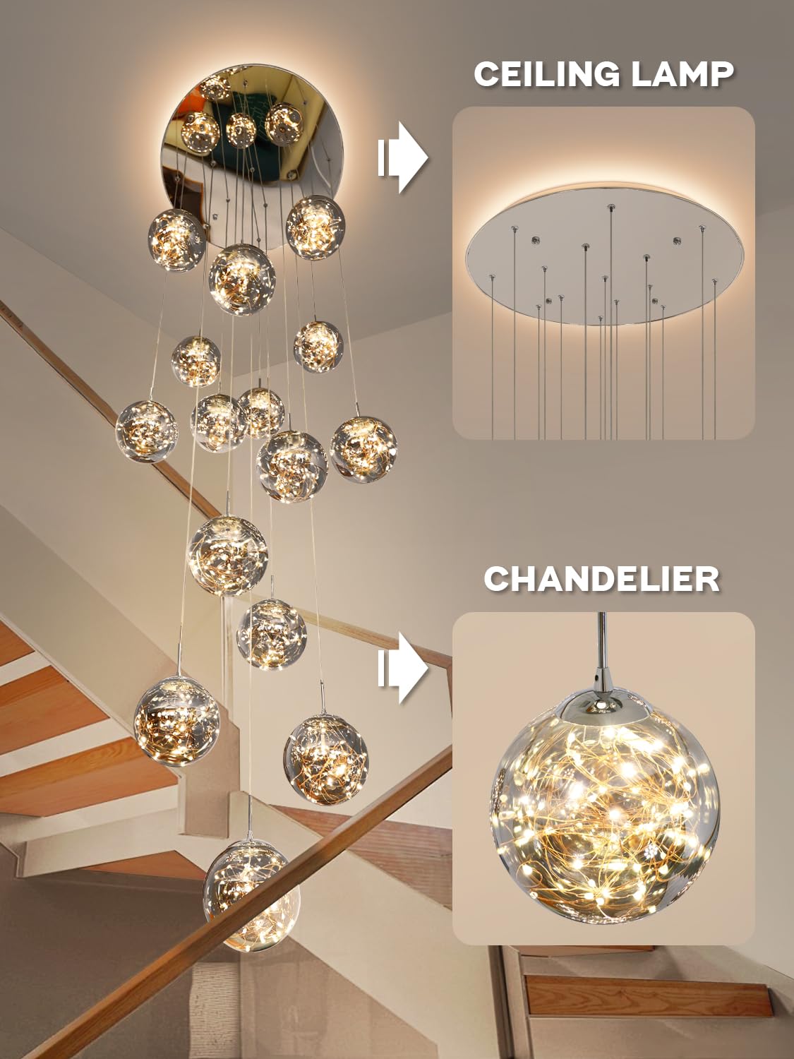 KAUCQI 15-Light LED Chandelier, Adjustable 23"W x 100"H, Gray Metal Crystal Fixture for High Ceilings and Entryways, Model 250CM
