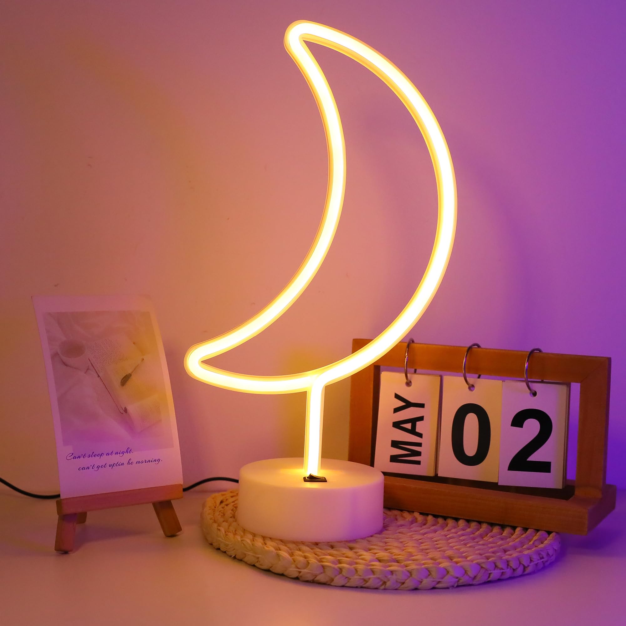 Enuoli Warm White Moon Shape Led Neon Night Light With Holder Base Moon Neon Sign Lamp Power By Battery&Usb Marquee Neon Sign Fo