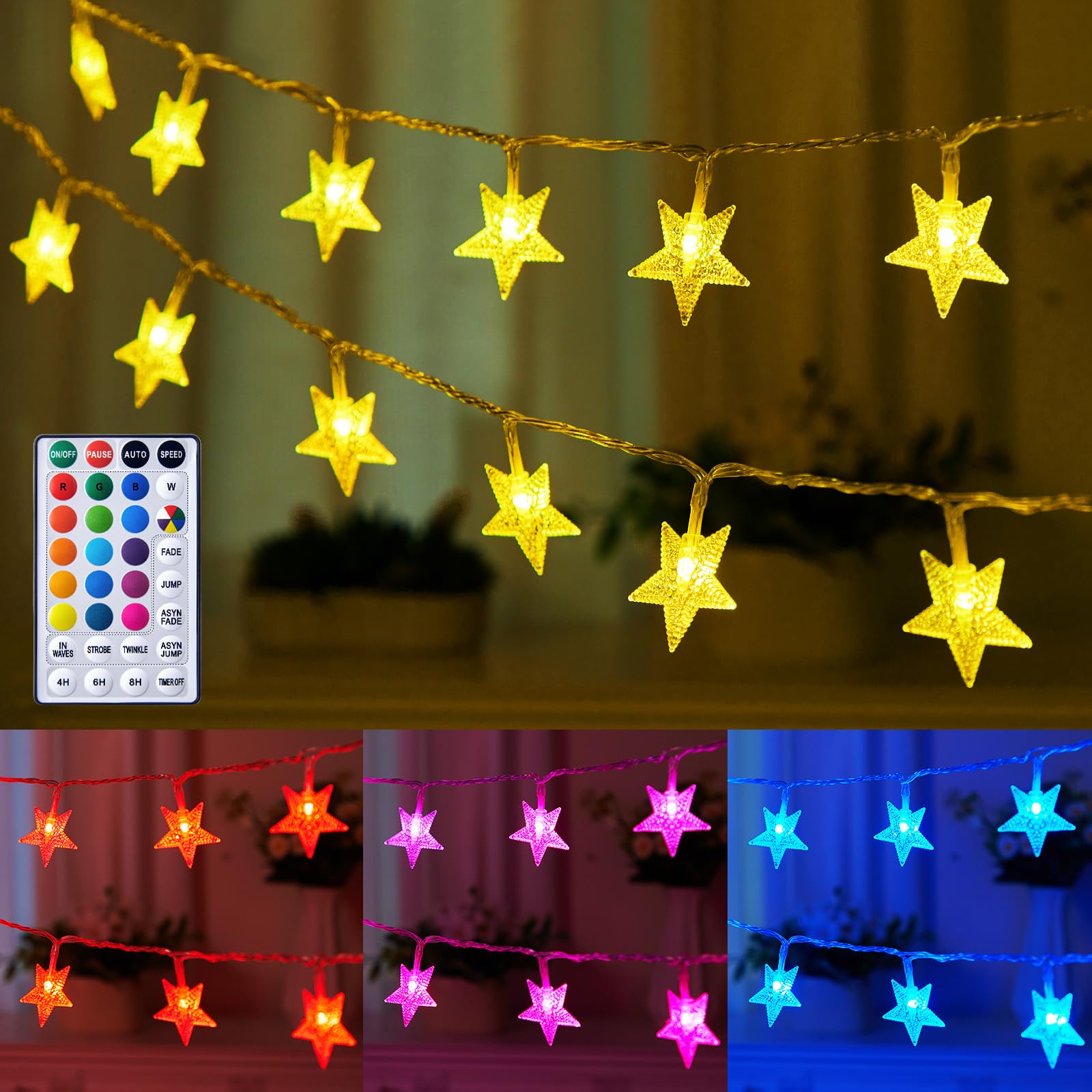 Minetom Color Changing Star String Lights - 17 ft 50 LED Star Fairy Lights with Remote and Timer, 16 Colors and 7 Modes, USB Powered String Lights for Bedroom Tent Patio Xmas Party Indoor Decor
