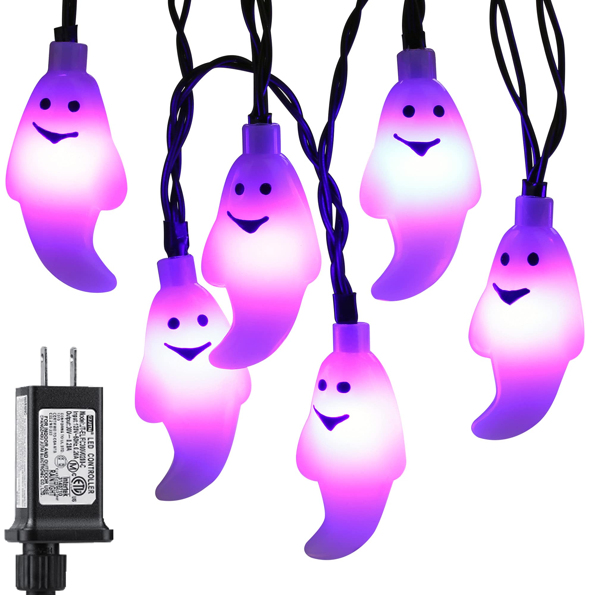 RECESKY 60 LED Halloween String Lights - 20ft Orange Ghost Battery String Light with Timer, 8 Modes, Waterproof - Spooky Decor f