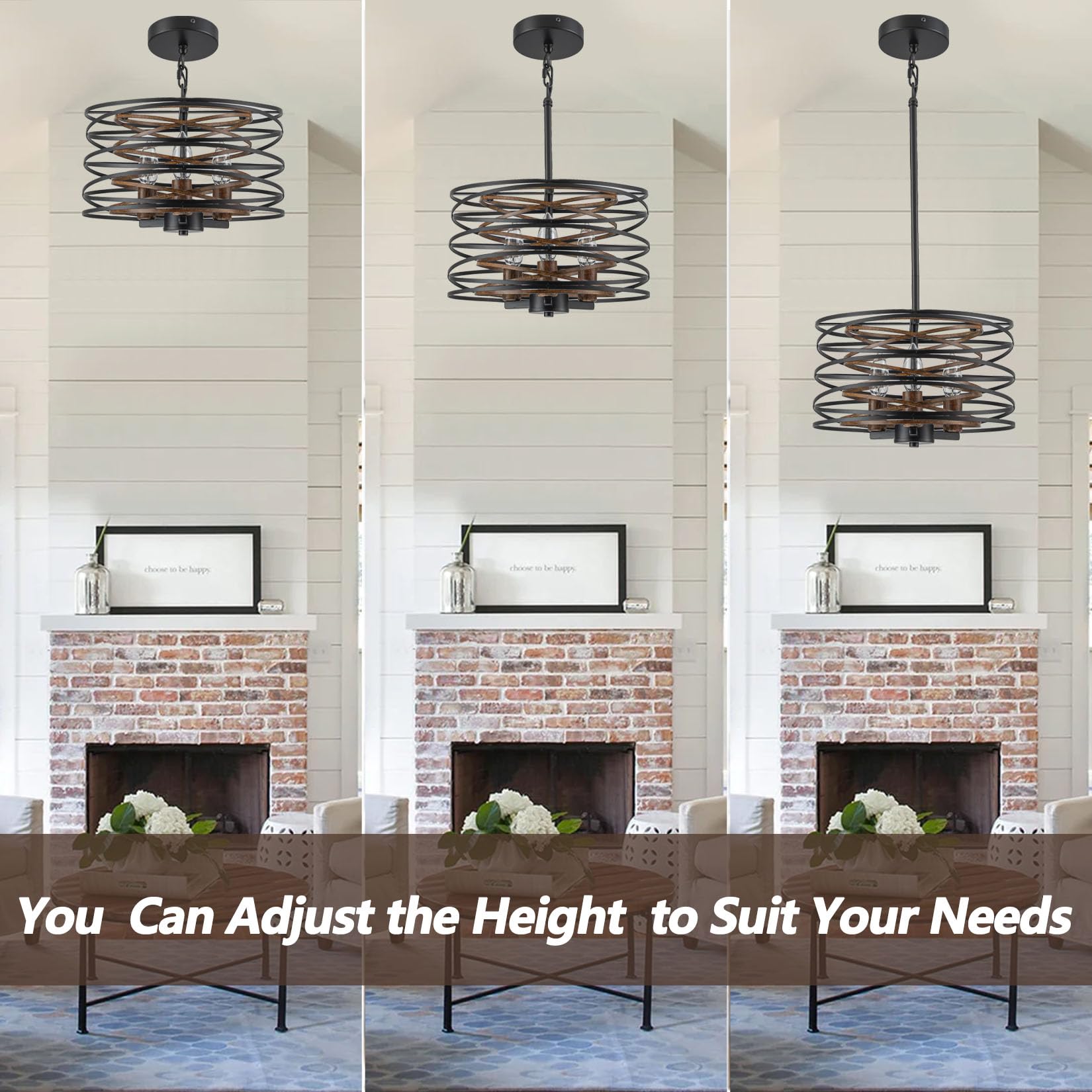 Bargeni 13" Chandelier - Matte Black Metal Light Fixture with Wood Texture Interior, Adjustable Height for Dining Room, Kitchen, Living Room