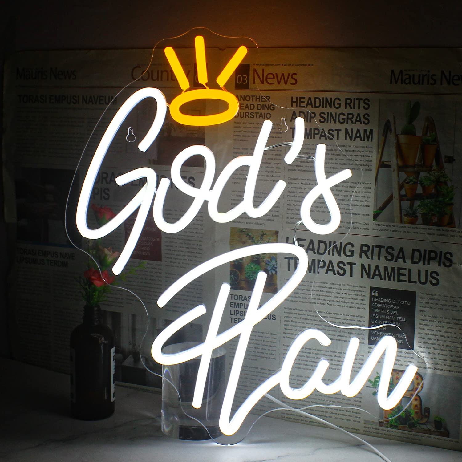 Horseneon God’s Plan Neon LED Sign, White Acrylic Wall Decor, USB Powered, Model Gods Plan-1275