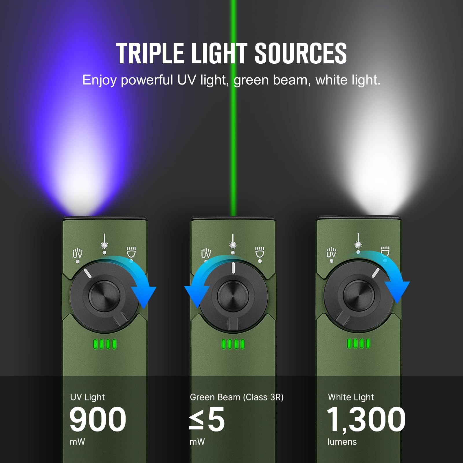 OLIGHT Arkfeld Pro Flat Flashlight, 1300 Lumens, Green Beam & UV LED, OD Green, Aluminum