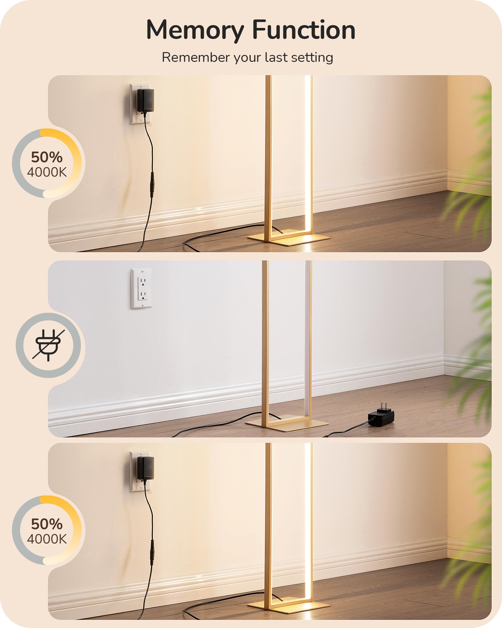 EDISHINE LED Floor Lamp - 55" Gold Modern Minimalist Corner Light, Dimmable 3000K-6000K, Remote & Foot Switch, Aluminum, Model TF0514