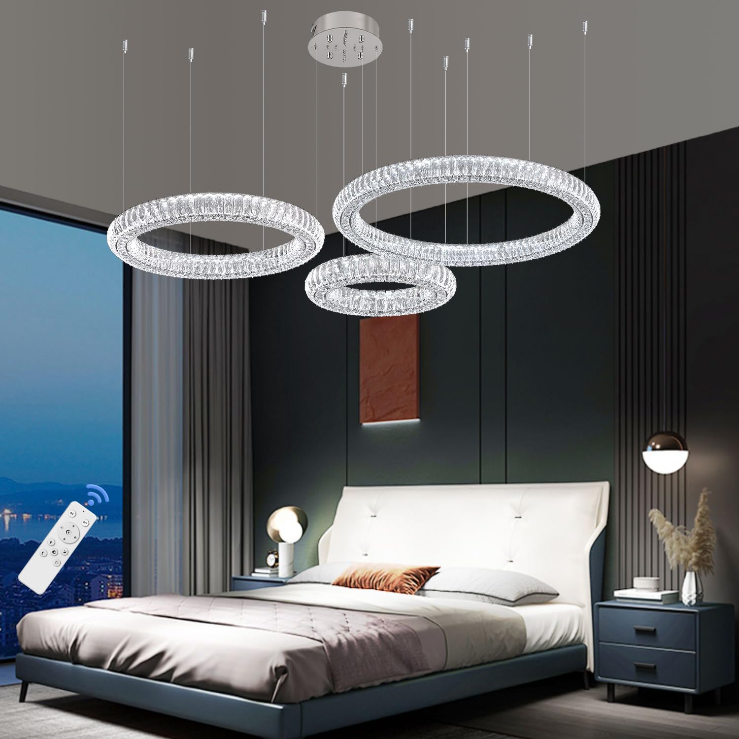 Idequy Modern Crystal Chandelier Dimmable Led 39.4'' Ring Pendant Light Adjustable Black Round Crystal Chandelier Light Fixtures