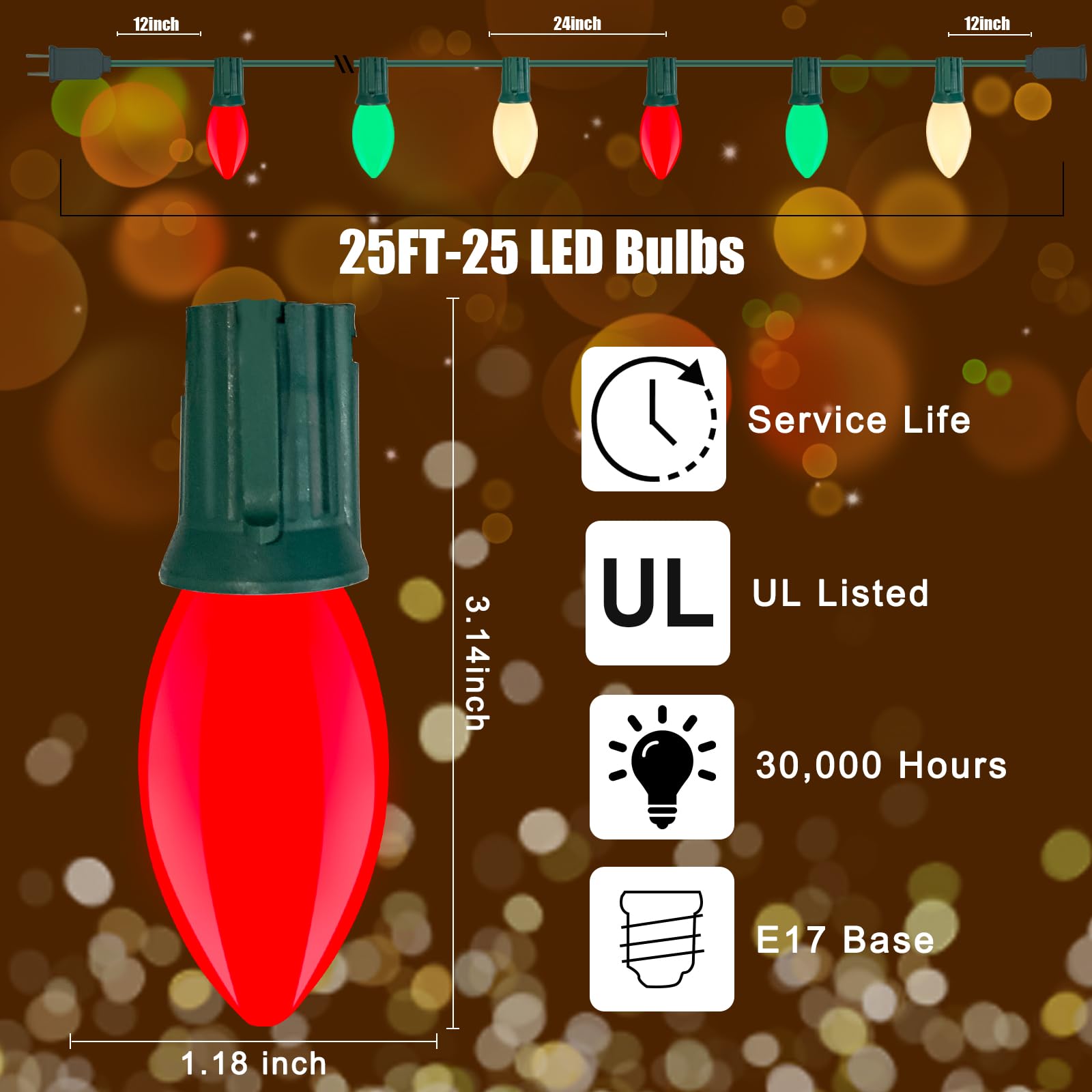 Red Green White Led Christmas Lights,25Ft Waterproof C9 Multicolor Christmas Lights Outdoor With 26 Shatterproof Bulbs,Commercia