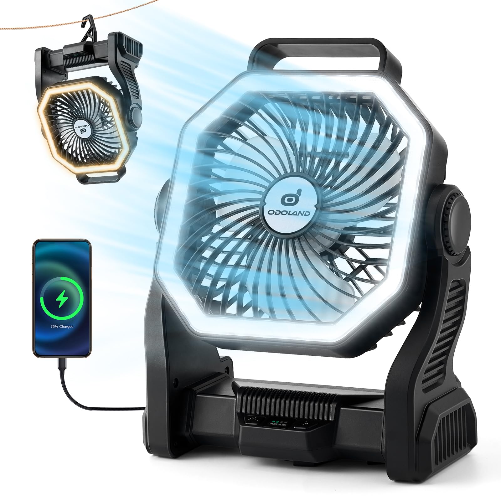 Odoland Rechargeable Camping Fan, 20000mAh Battery, LED Lantern, Portable, Black, Model OD0729B-Odoland