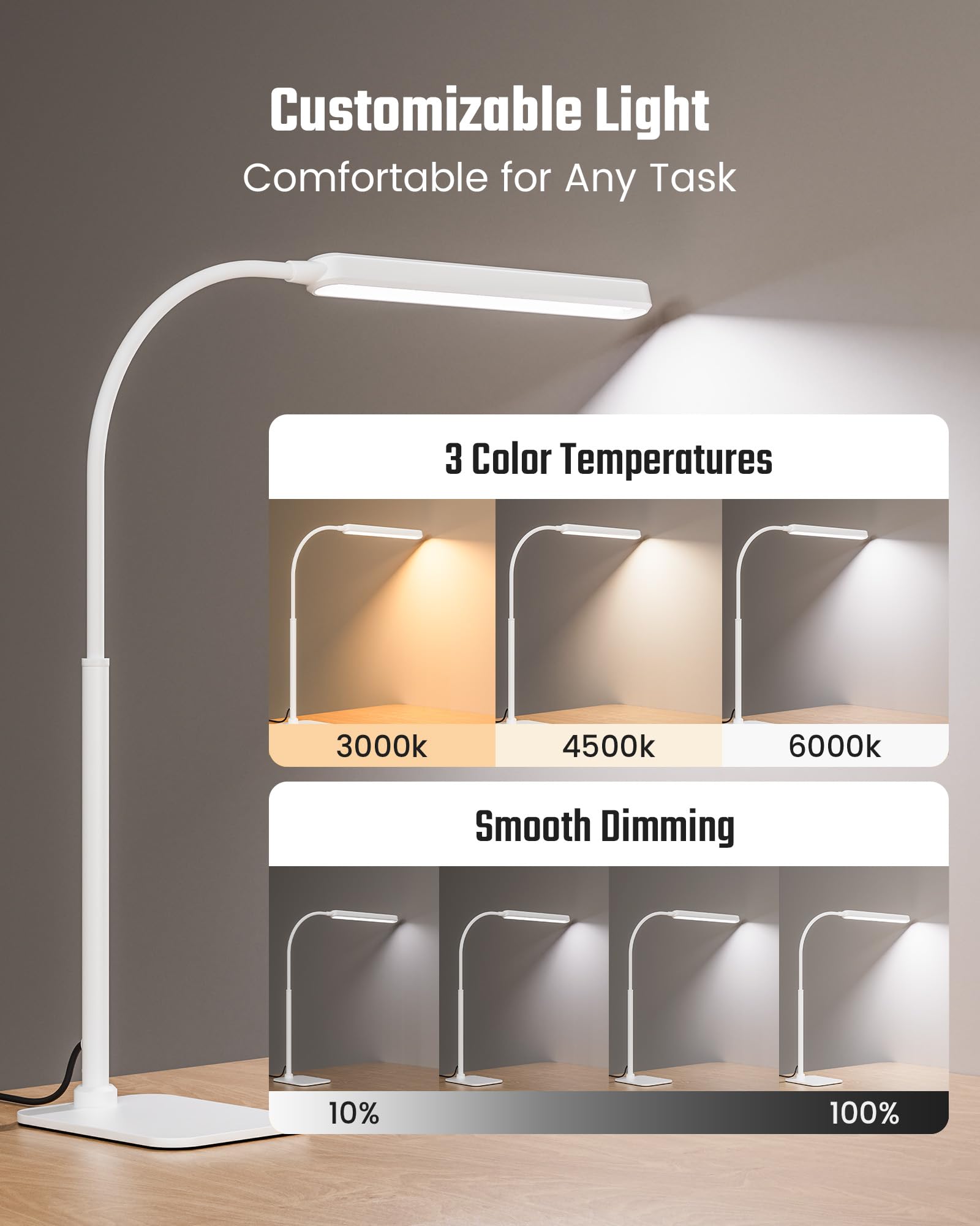 Superdanny Eye-Caring Led Desk Lamp With Base 360?Flexible Gooseneck Work Lamp Touch Control 3 Light Colors Smooth Dimming Task Lighting Reading Light For Home Office College Dorm  White