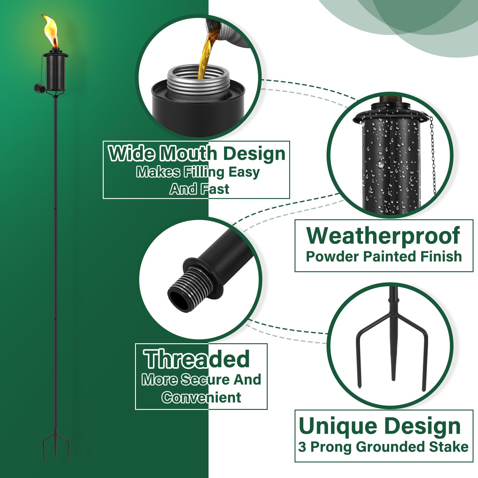 Snogswog 4 Pack Garden Torches, 16 Oz Metal Torch For Outside With 3-Prong Grounded Stake, Outdoor Decorative Citronella Torches