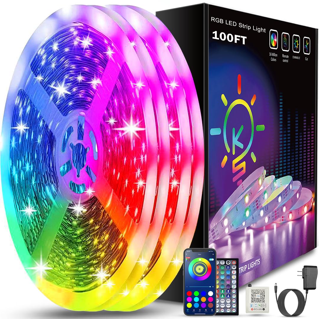 Keepsmile 100ft LED Strip Lights, Bluetooth App Control, Music Sync, RGB, 2 Rolls of 50ft, Multicolor, Plastic
