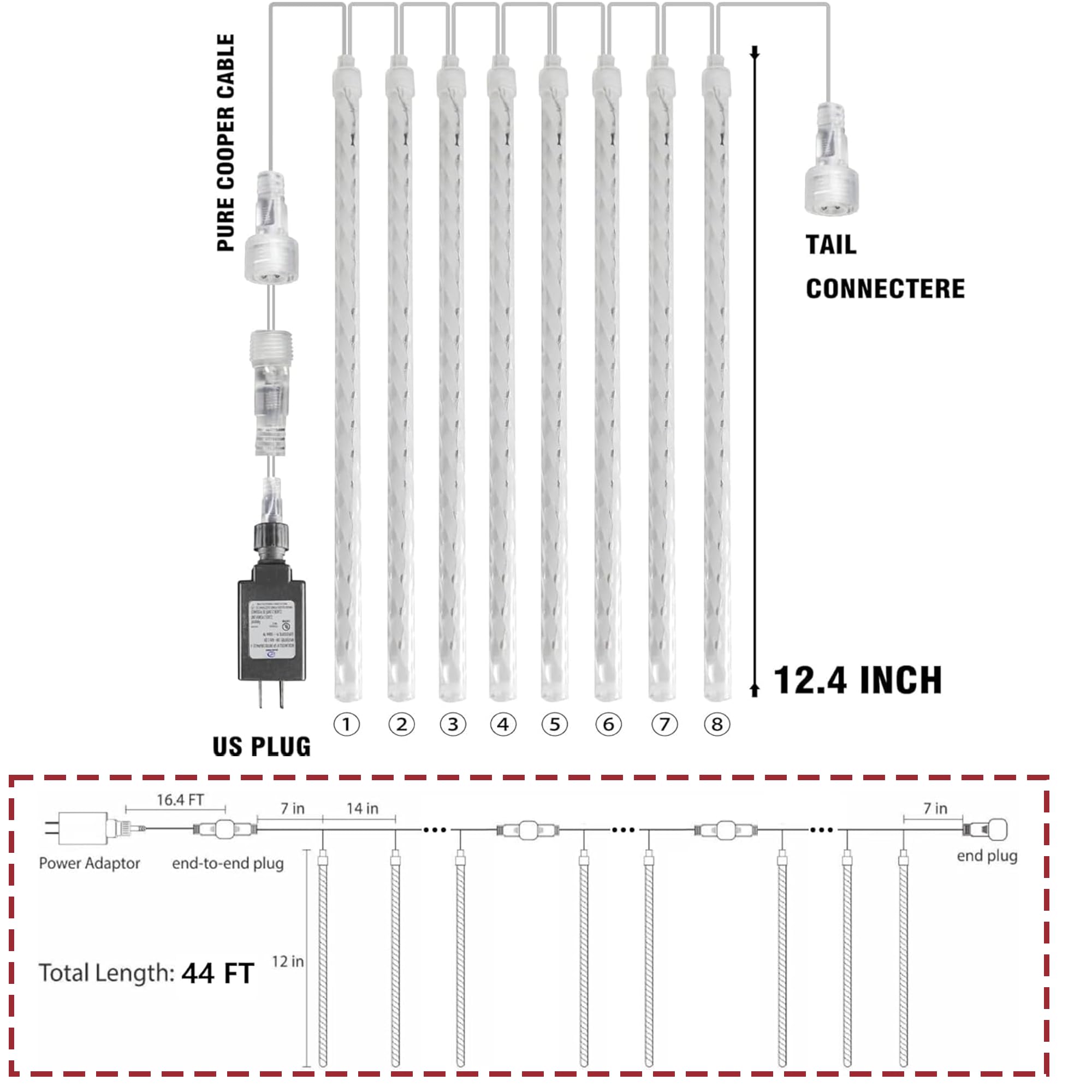 FUNPENY Meteor Shower Rain Lights, 864 LED Icicle Lights, White, Model HB-300COI, Outdoor Christmas Decoration