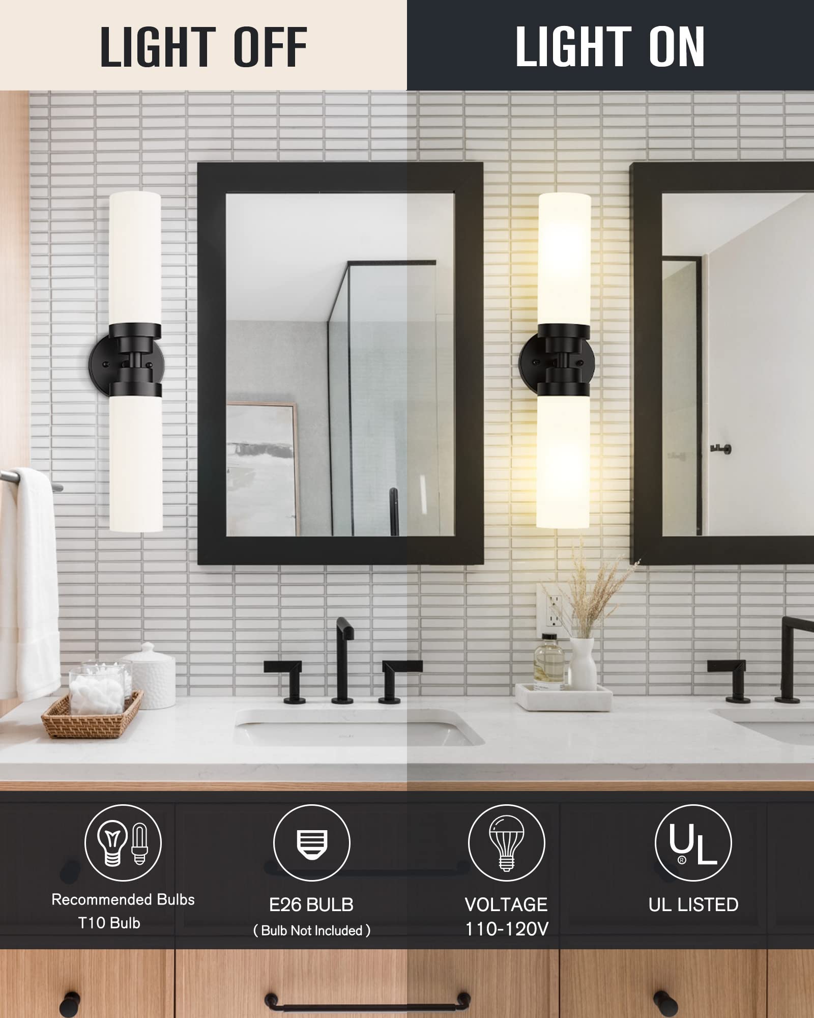 Emak 2 Light Black Vanity Lights For Bathroom, 22 Inch Bathroom Light Fixtures Modern Wall Sconces With Milk Glass Shade For Bat