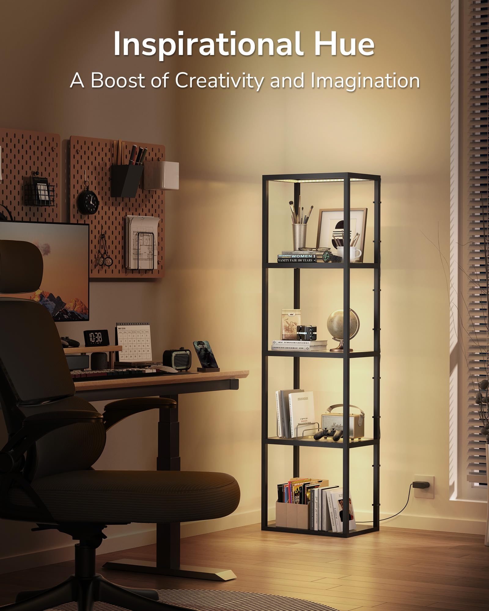 JACKYLED Corner Display Shelf with Lights, 5-Tier 66 Tall Corner Storage for Books Perfume Shelf, Dimmable LED Glass Display She