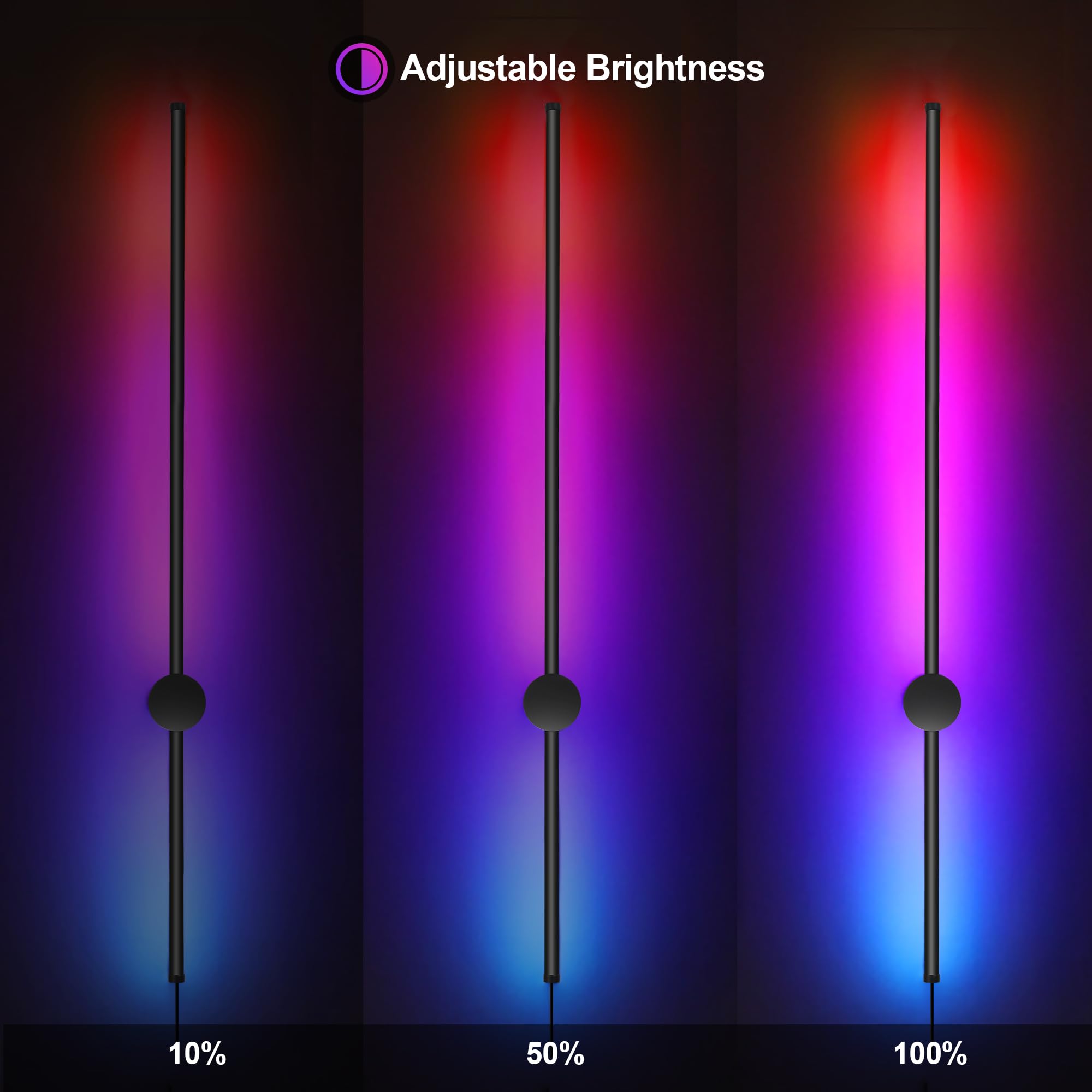 GOODATE RGB LED Wall Sconces Set of Two, 15 Color Modes, 39.4 Inches, Aluminum Alloy, Black Plug-in, Model GZ-3CCT-2PACK