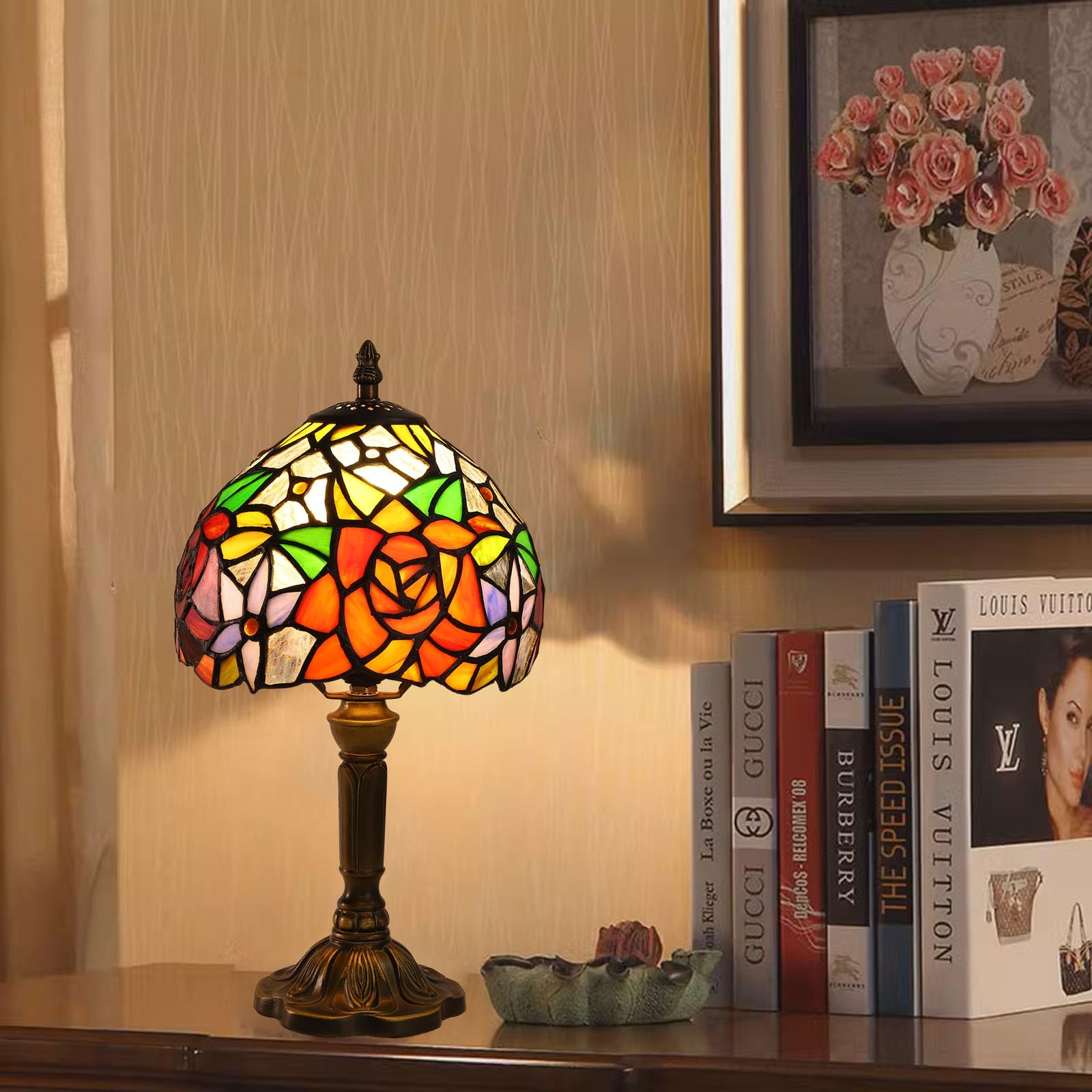 Fumat Rose Tiffany Small Table Lamp For Bedroom Bedside Nightstand Table Lamps For Living Room 3 Way 3 Color Temperatures Led St