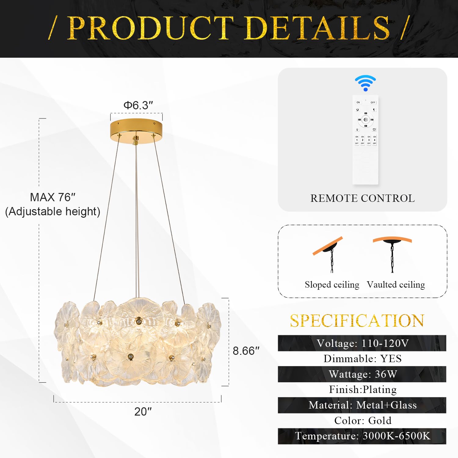 Poemoon Modern Gold Glass LED Chandelier 20" Dimmable Lotus Leaf with Remote Control for Foyer, Entryway, Living, Dining Room