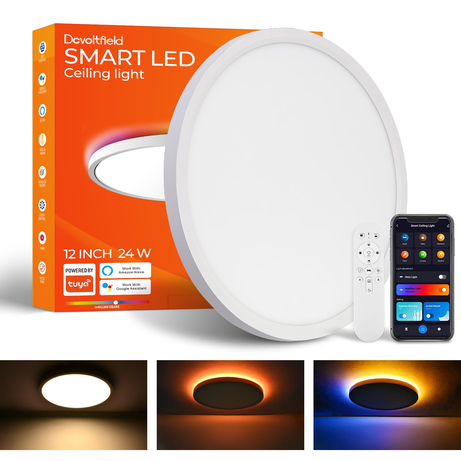 Smart LED Ceiling Light Wifi,12inch RGB Flush Mount Lighting Fixture with Remote,Color Changing Light Fixture for Bedroom,Dimmab