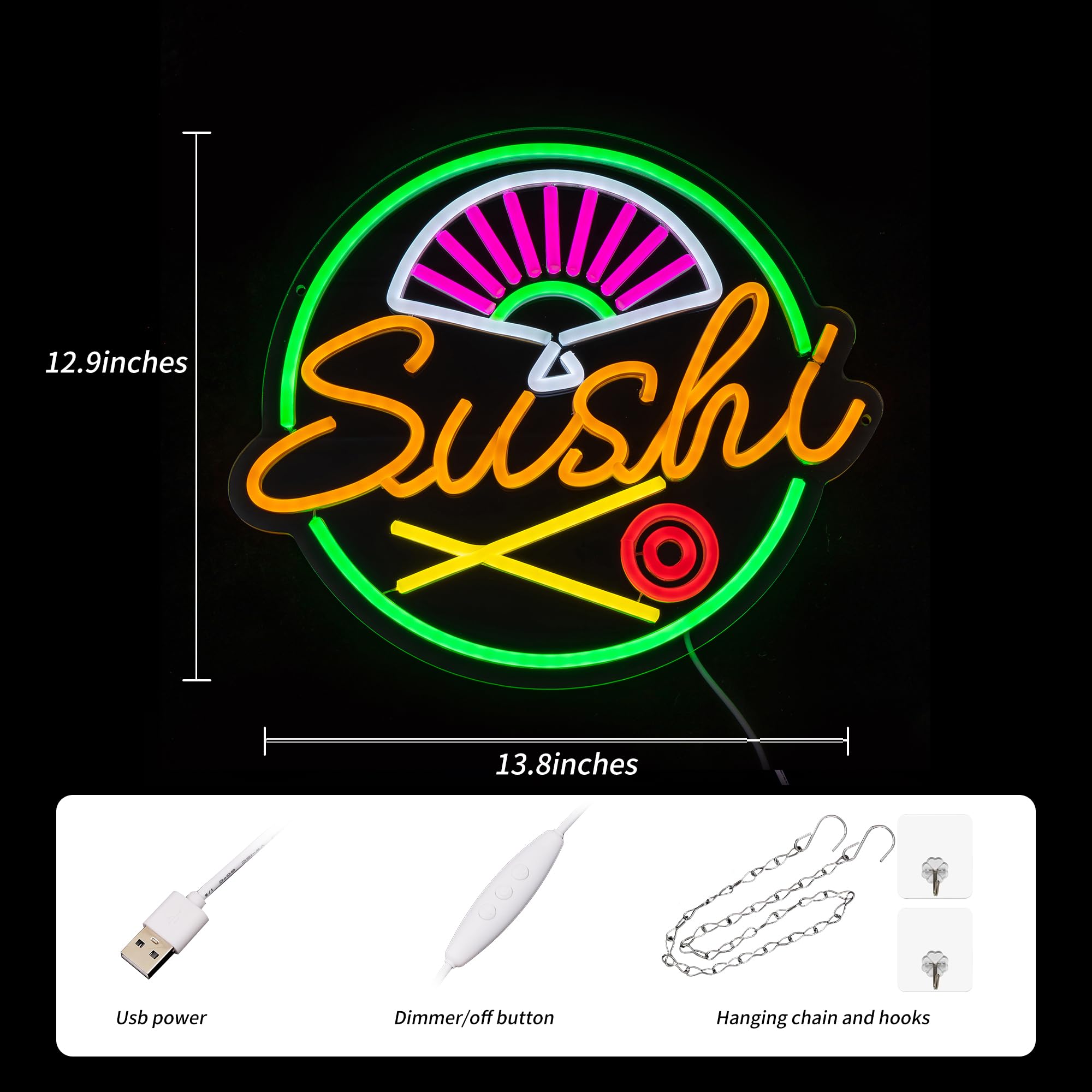 SUYUZUR Sushi Neon Sign - Colorful LED Wall Decor, USB Powered, Model SLY-07, Ideal for Japanese Restaurant, Home Bar, Kitchen, Cafe
