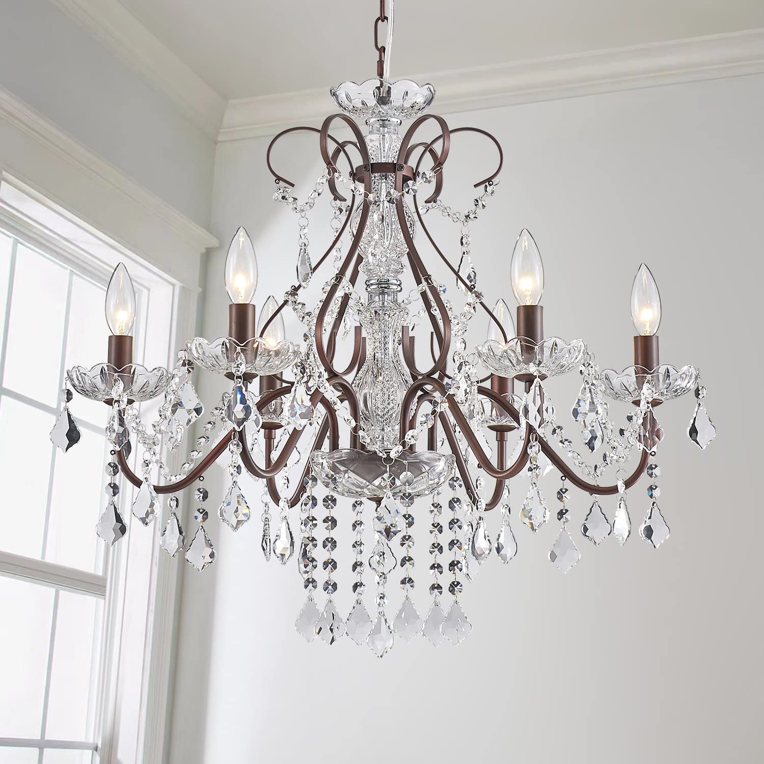 SM Saint Mossi 6-Light Crystal Chandelier, Modern Raindrop Design, Dark Brown, H23 x D24, Crystal Lighting for Dining Room, Bedroom, Living Room