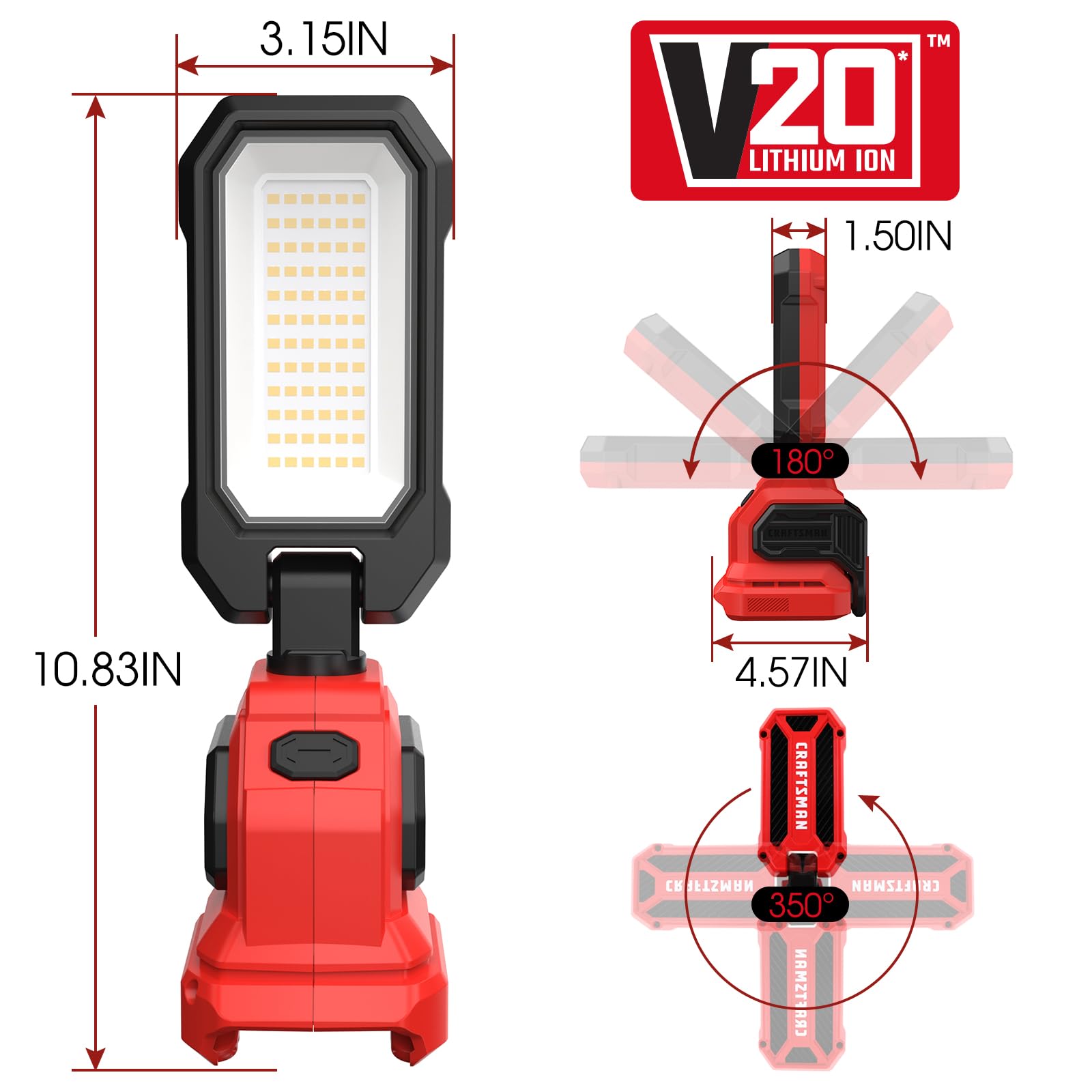 Craftsman V20 6500K Led Rechargeable Work Light, 2000Lm &1000Lm 2 Brightness Settings, Hook And Clamp For Multiple Mounting Opti