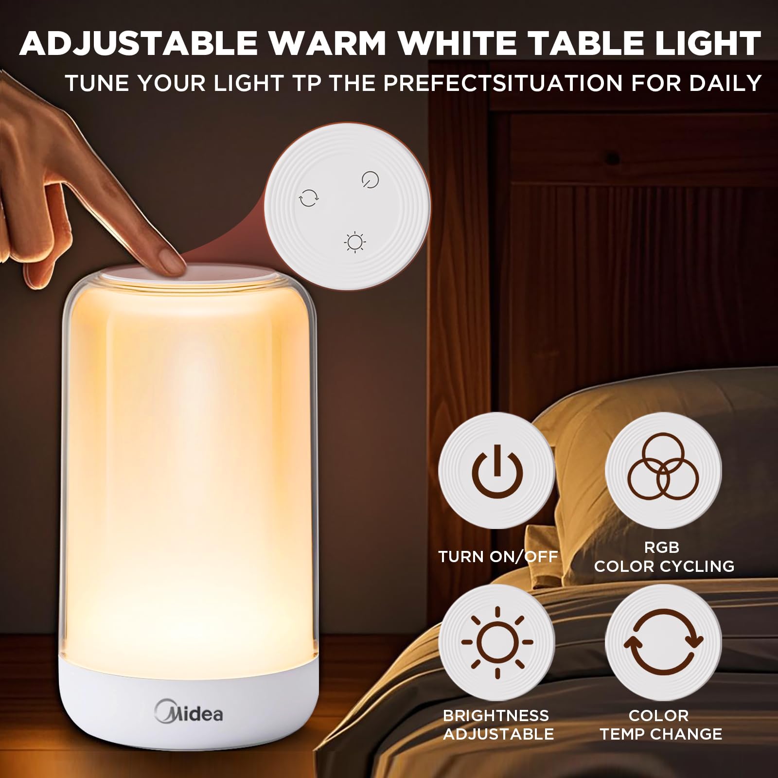 Midea RGB Touch Lamp, 1200mAh Rechargeable, Dimmable, Portable, Baby-Safe Material, Model MYD-2Y1, White/Warm/Natural