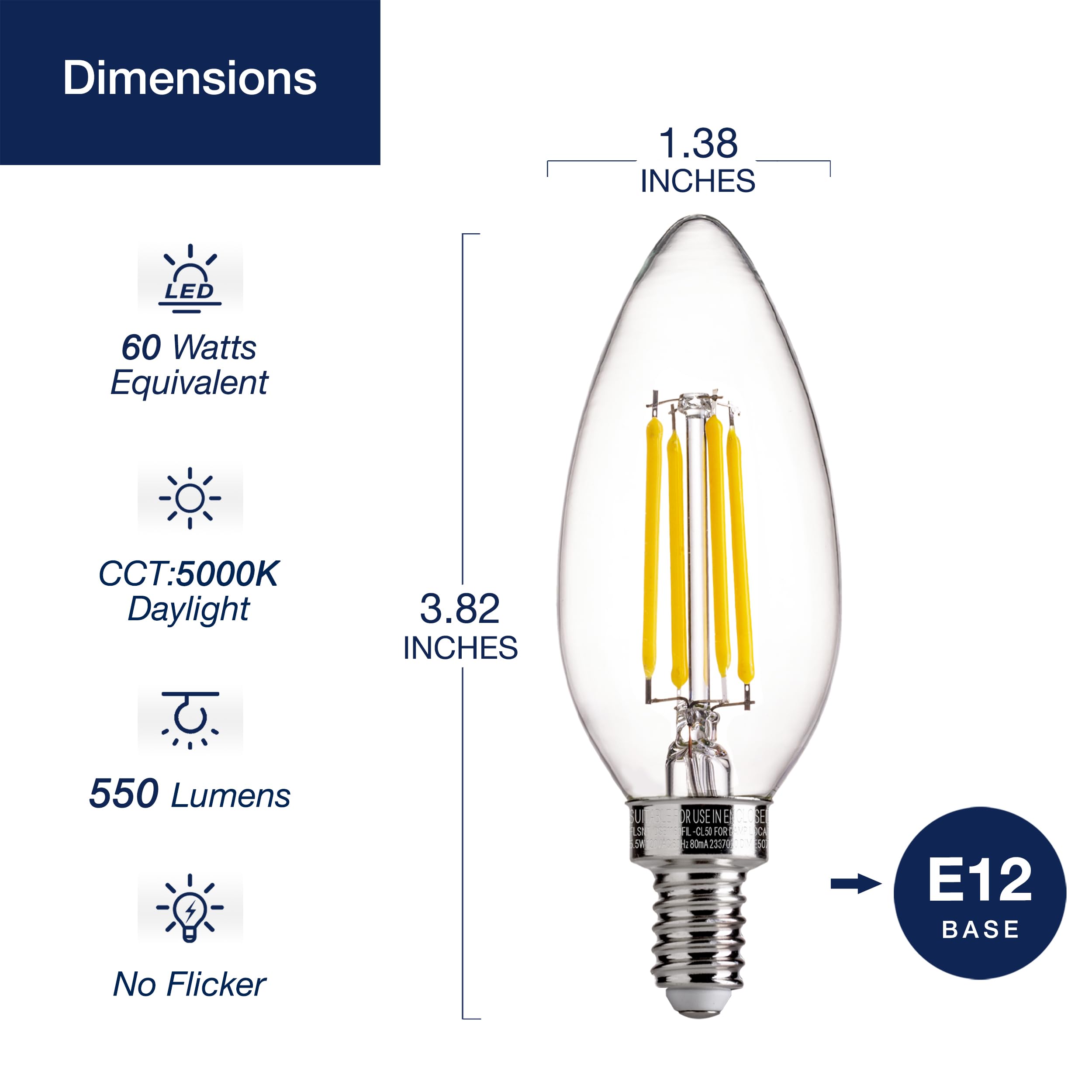 Flsnt 5000K Daylight Dimmable Led Candelabra Bulbs 60W Equivalent, Led E12 Base Chandelier Light Bulbs, 550Lm, 90+ High Cri, 12 Pack