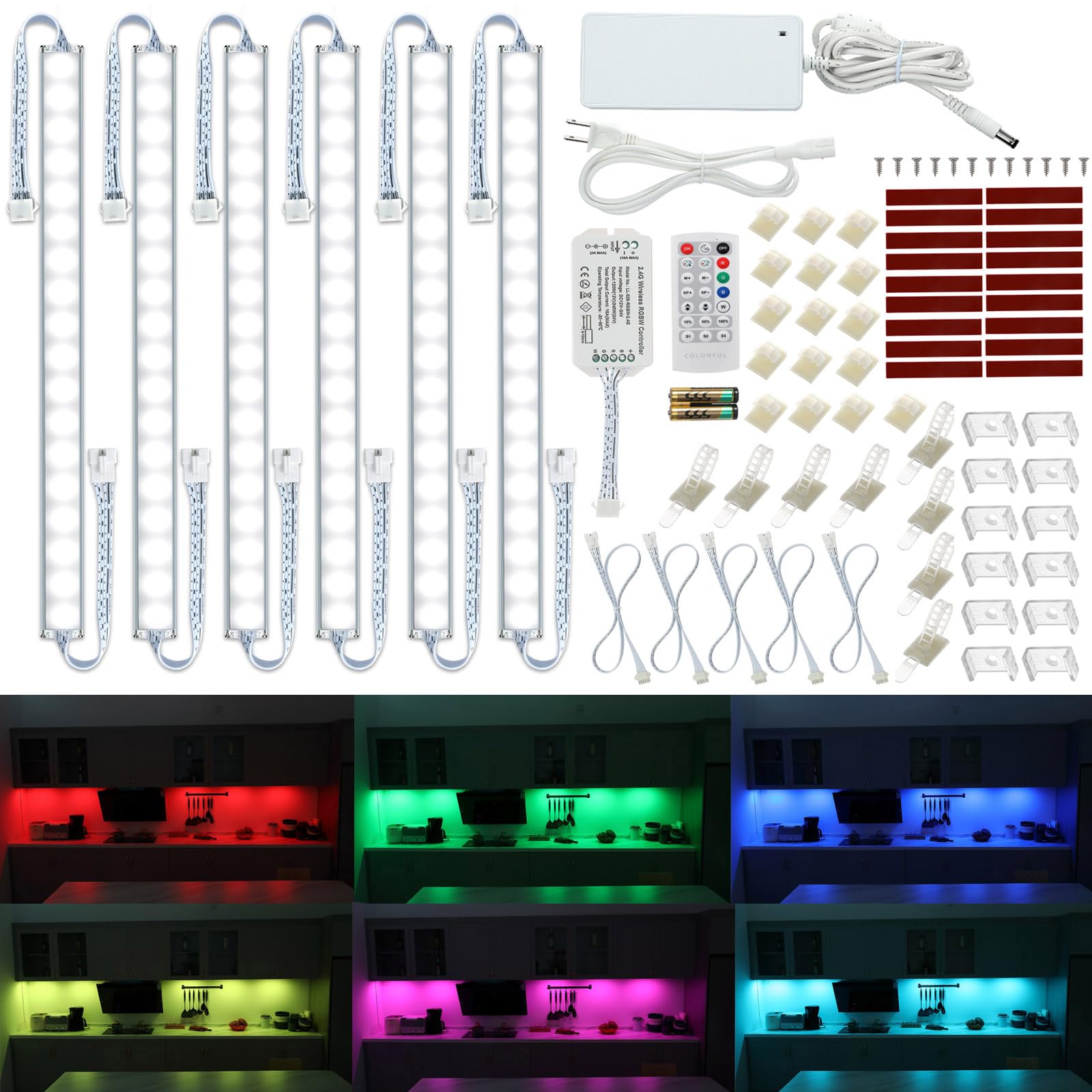 Under Cabinet LED Lights Kit. RGB Color Changing & Super Bright White Lighting. Dimmable with Remote. 6 pcs Linkable LED Light S