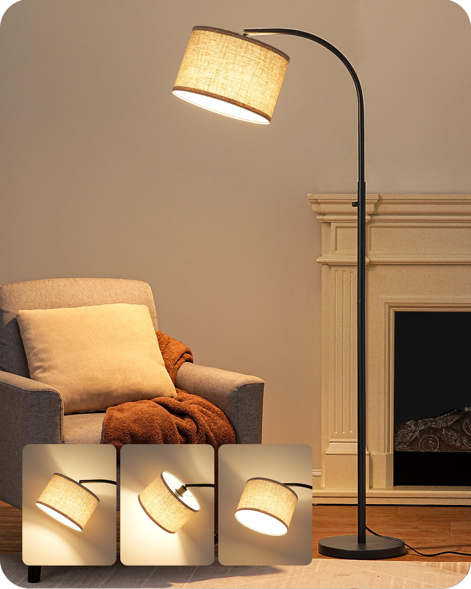 EDISHINE Black Arc Floor Lamp Dimmable, Standing Lights with Rotary Switch & Adjustable Line Lampshade, Tall Standing Lamp for B