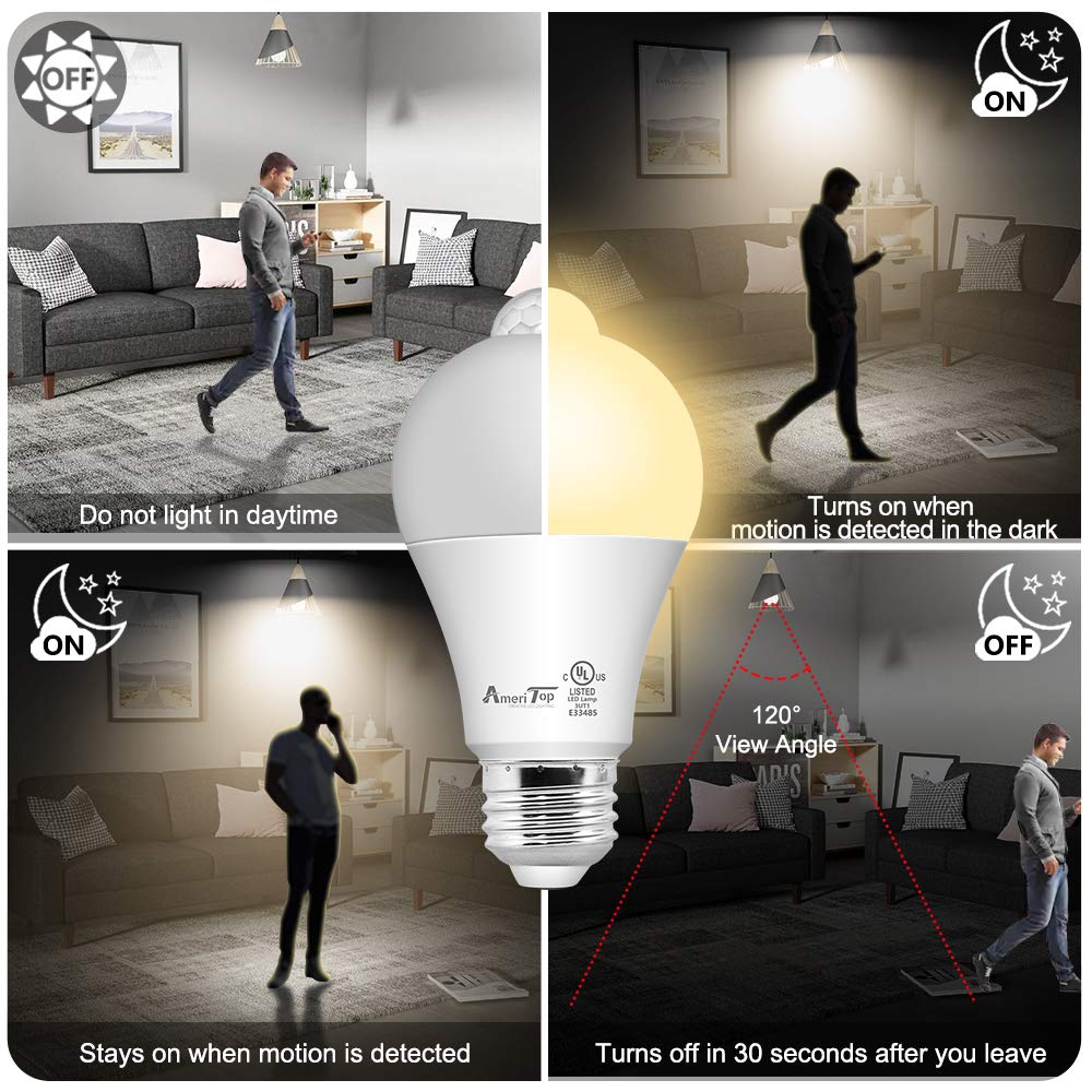 AmeriTop Motion Sensor Light Bulb, 10W (60W Equivalent), 806lm, Dusk to Dawn, 4 Pack, 3000K Warm White, UL Listed, Indoor