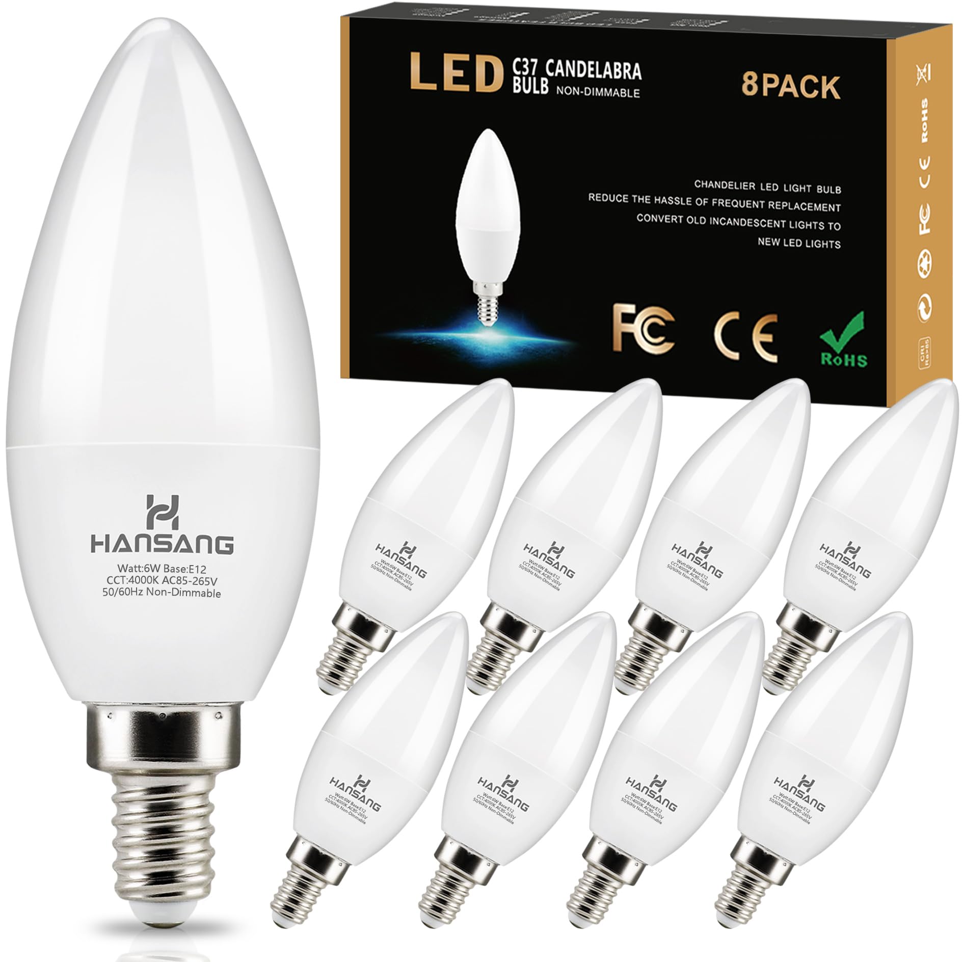 Hansang 8 Pack E12 Candelabra Led Light Bulbs 4000K Natural Daylight, Small Base Type B Light Bulb For Chandelier, 6W 60Watt Equ
