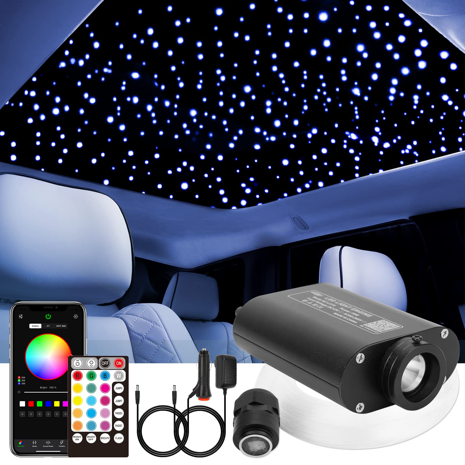 CHINLY Bluetooth RGBW LED Fiber Optic Light Kit, 300pcs, 0.03in x 9.8ft, Multicolor, Model QJ-L016
