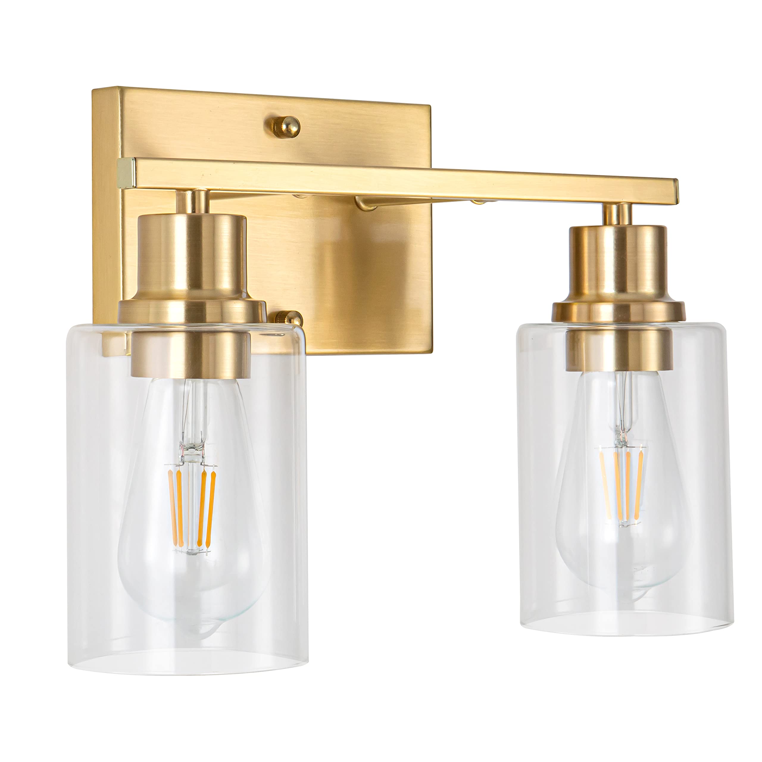 Emong Gold Bathroom Light Fixtures, 2-Lights Brushed Brass Vanity Light With Clear Glass Shade, Modern Wall Sconces For Hallway,