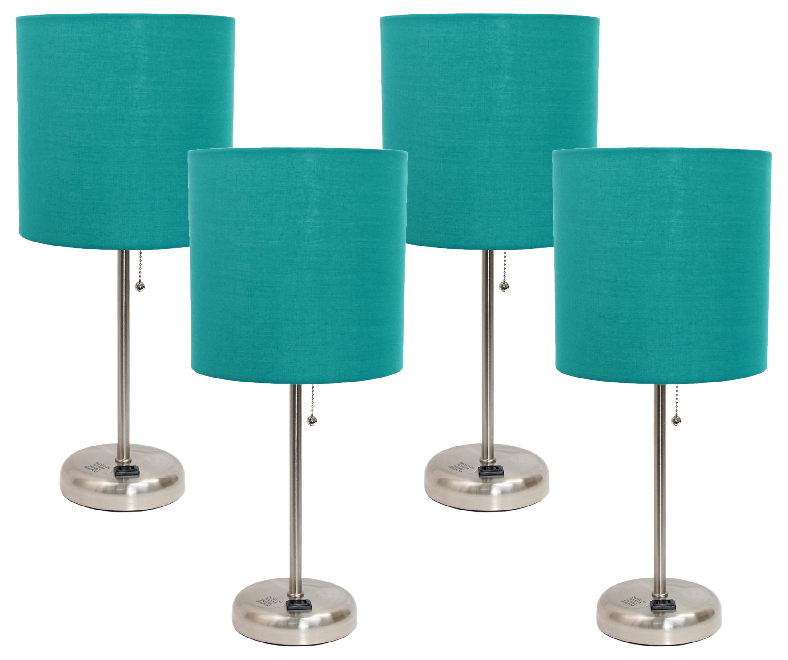 Simple Designs LT2024-TEL Brushed Steel Stick Table Desk Lamp with Charging Outlet and Drum Fabric Shade, Teal Shade (Pack of 4)